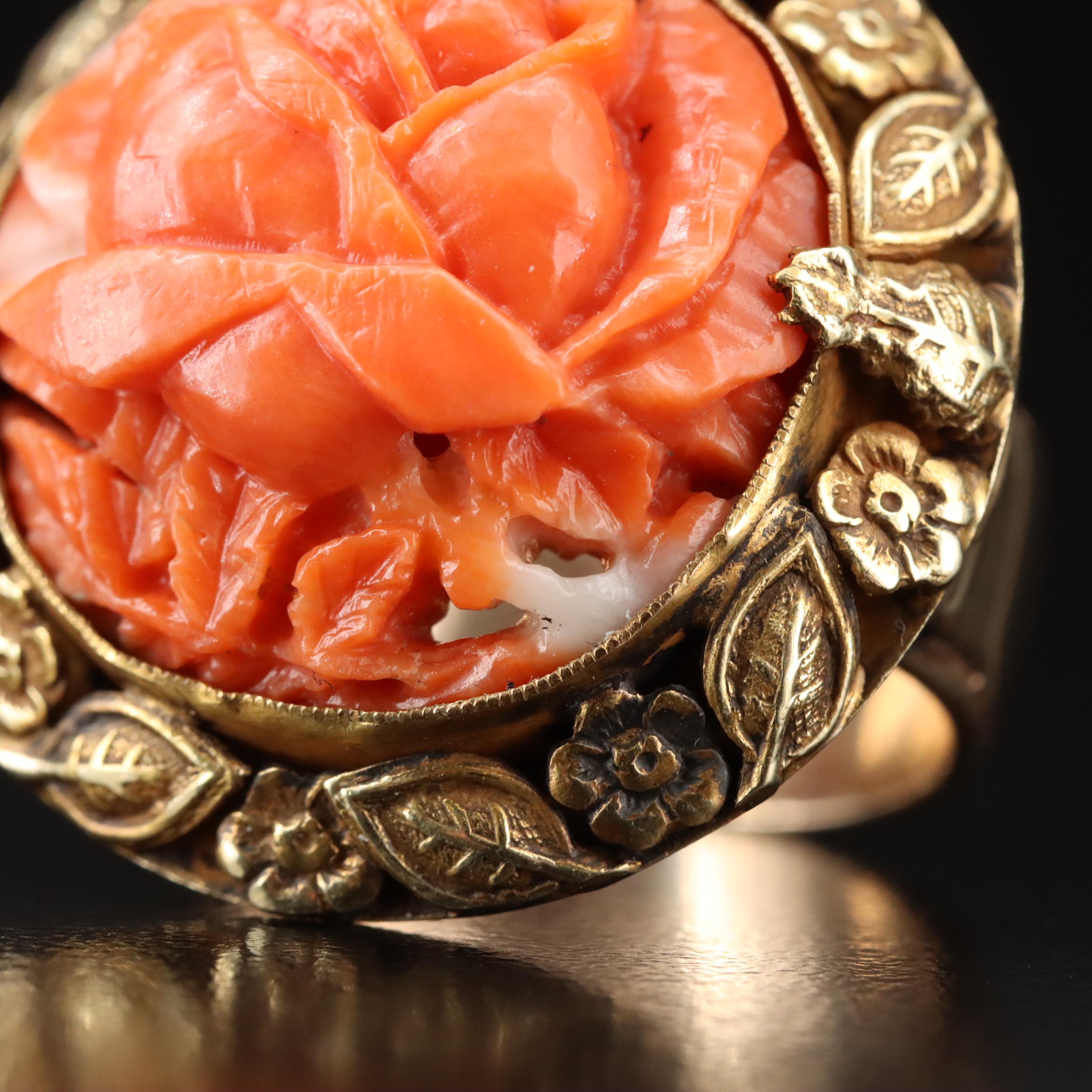 Vintage 14K Carved Coral Rose Ring