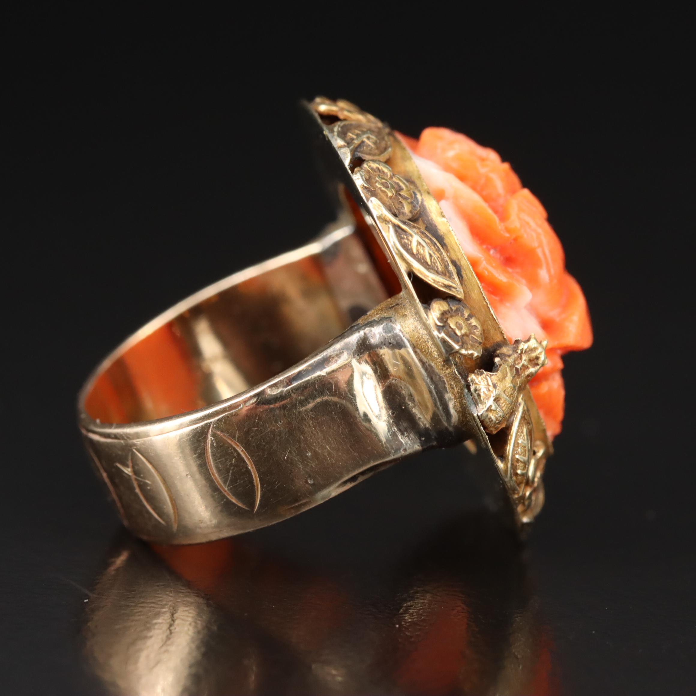 Vintage 14K Carved Coral Rose Ring