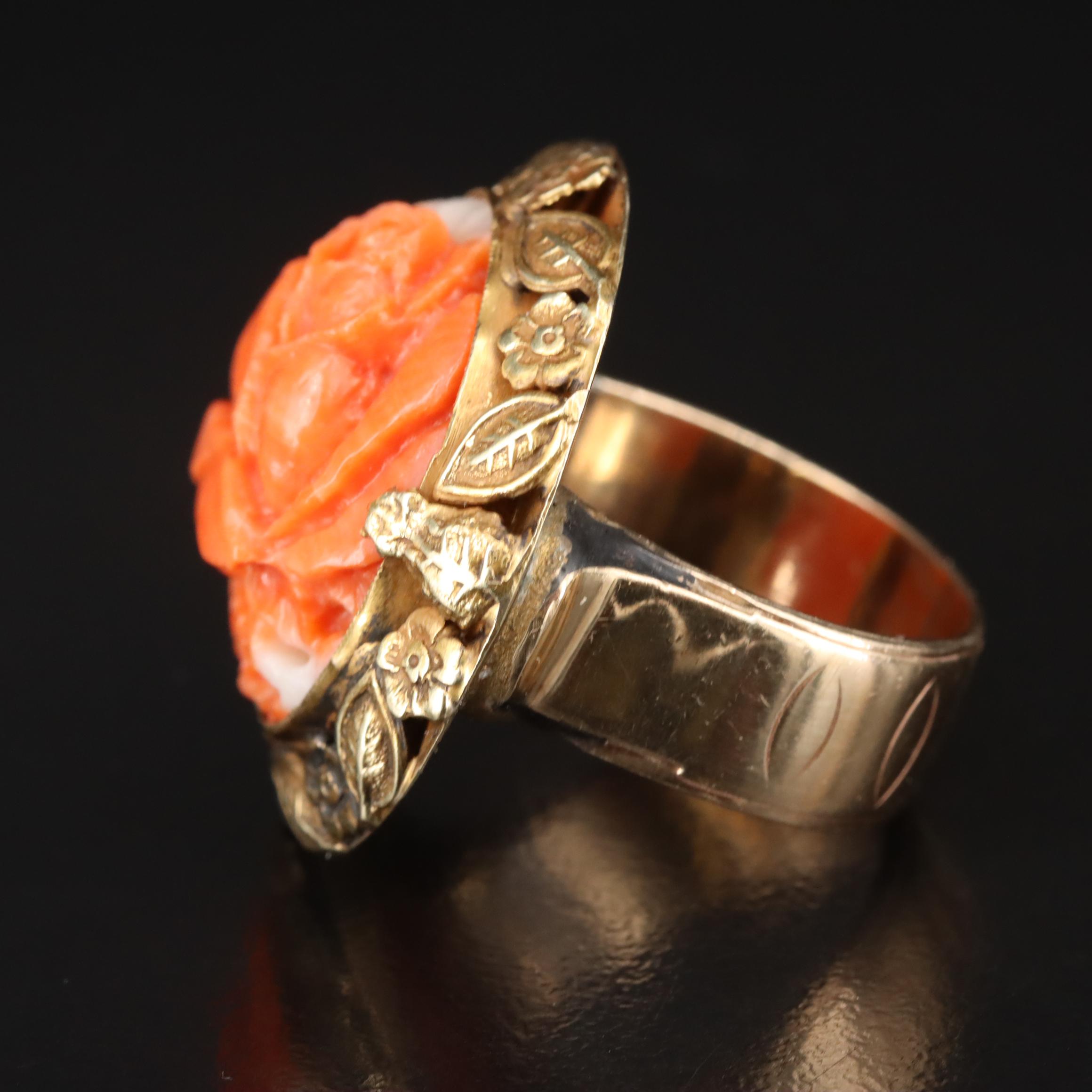 Vintage 14K Carved Coral Rose Ring