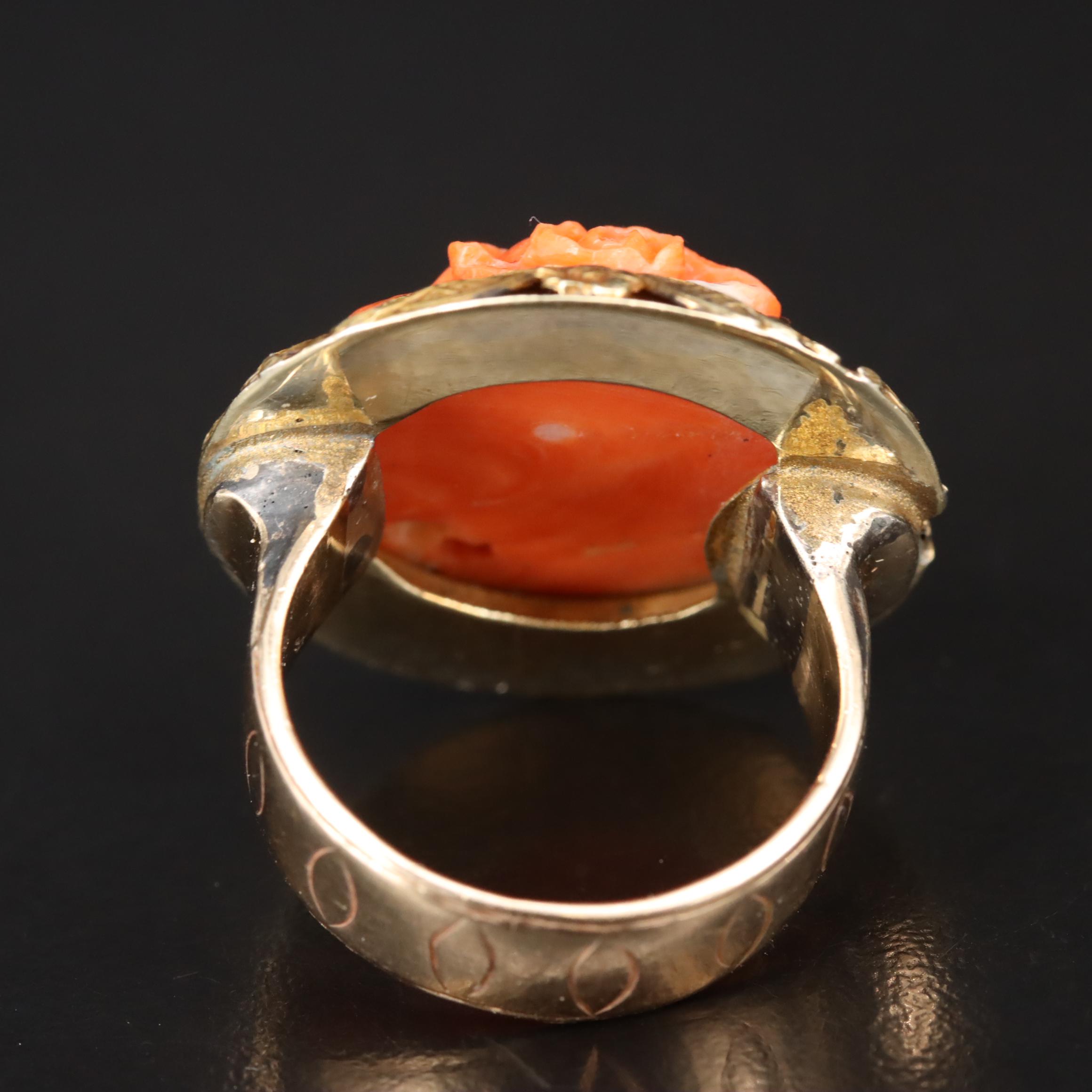 Vintage 14K Carved Coral Rose Ring