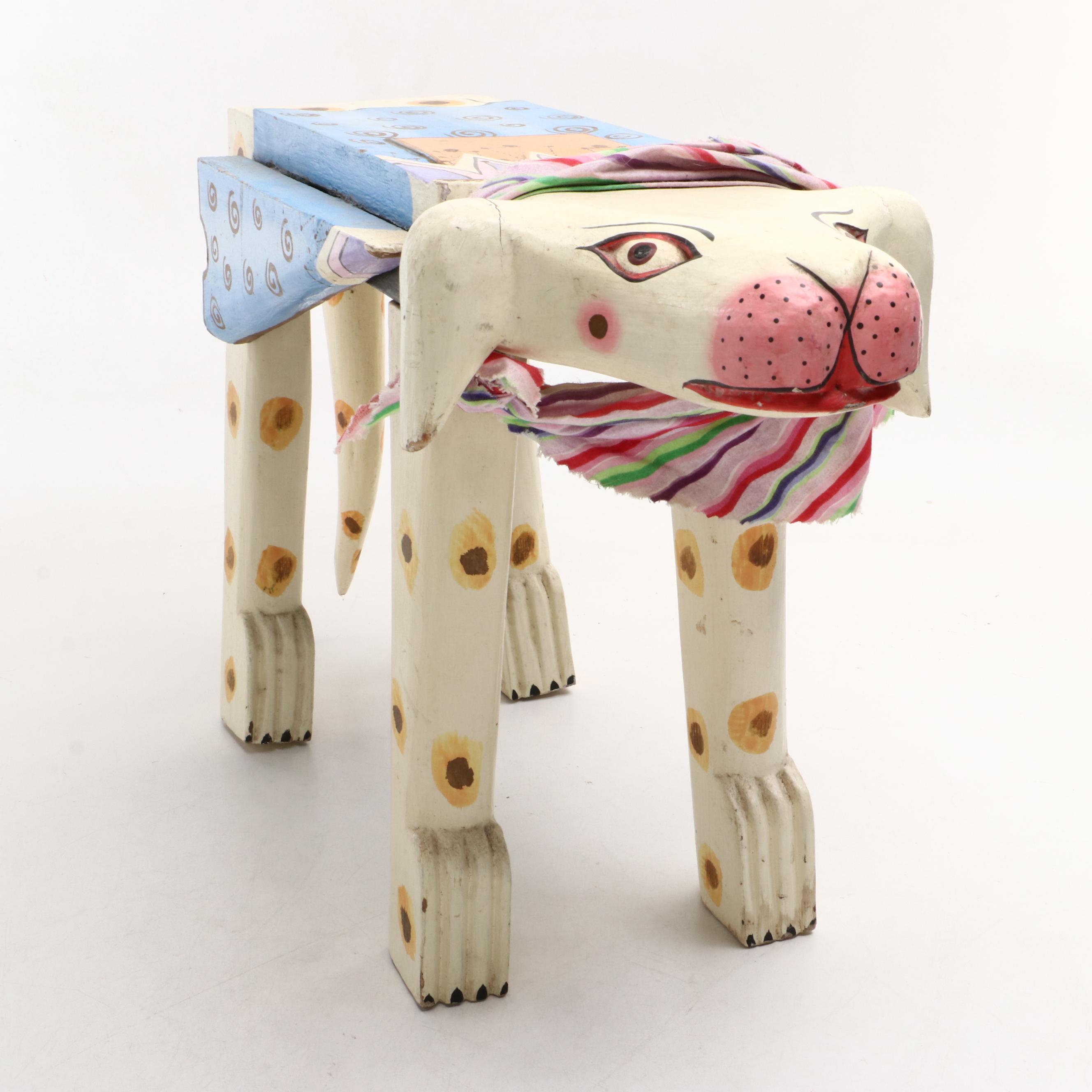Folk Art Style Polychrome Wood Animal-Shaped Stool or Stand
