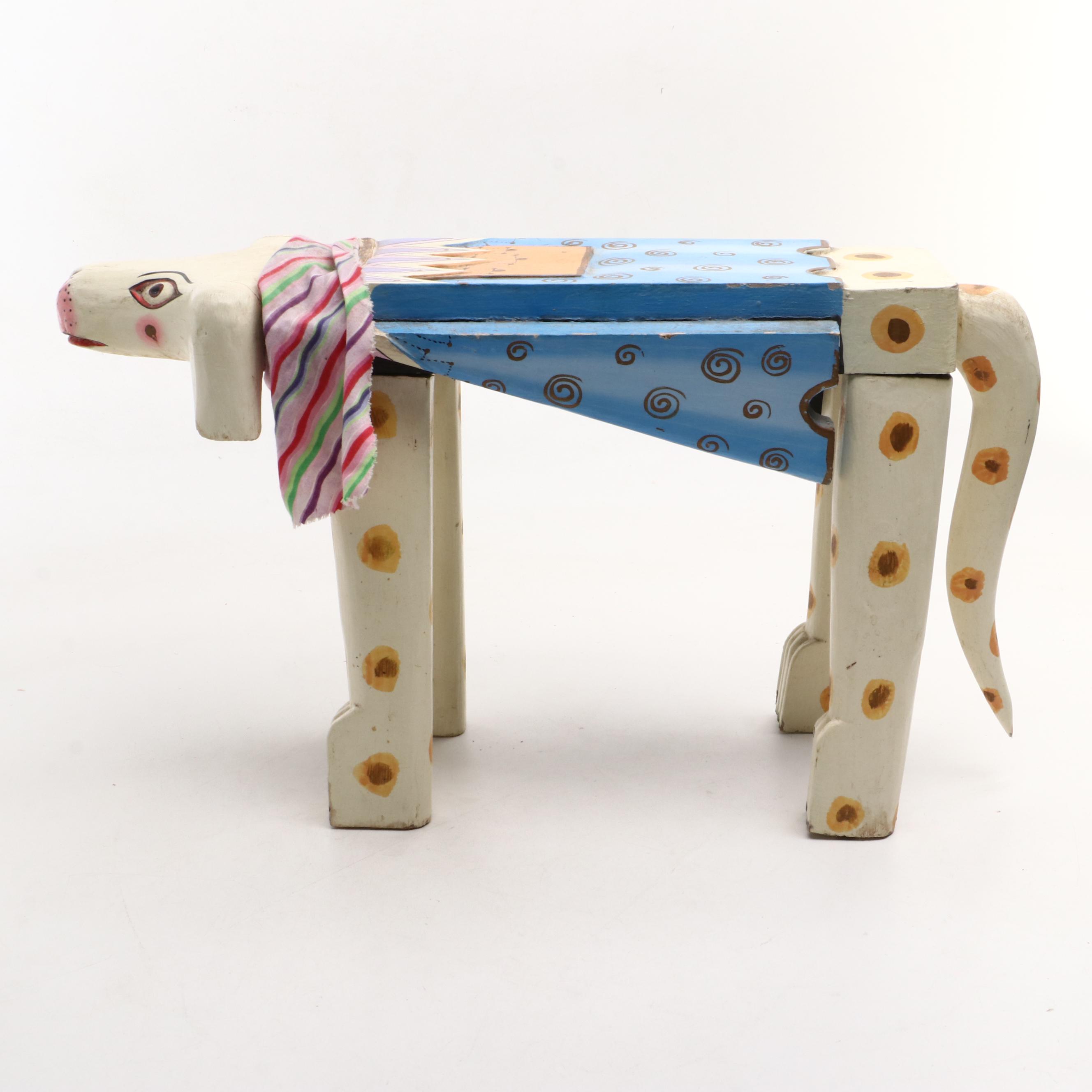 Folk Art Style Polychrome Wood Animal-Shaped Stool or Stand
