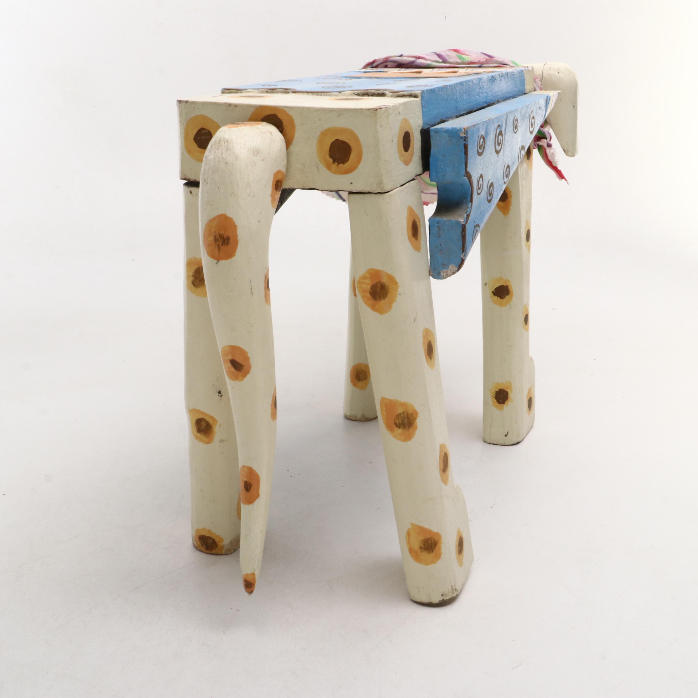 Folk Art Style Polychrome Wood Animal-Shaped Stool or Stand