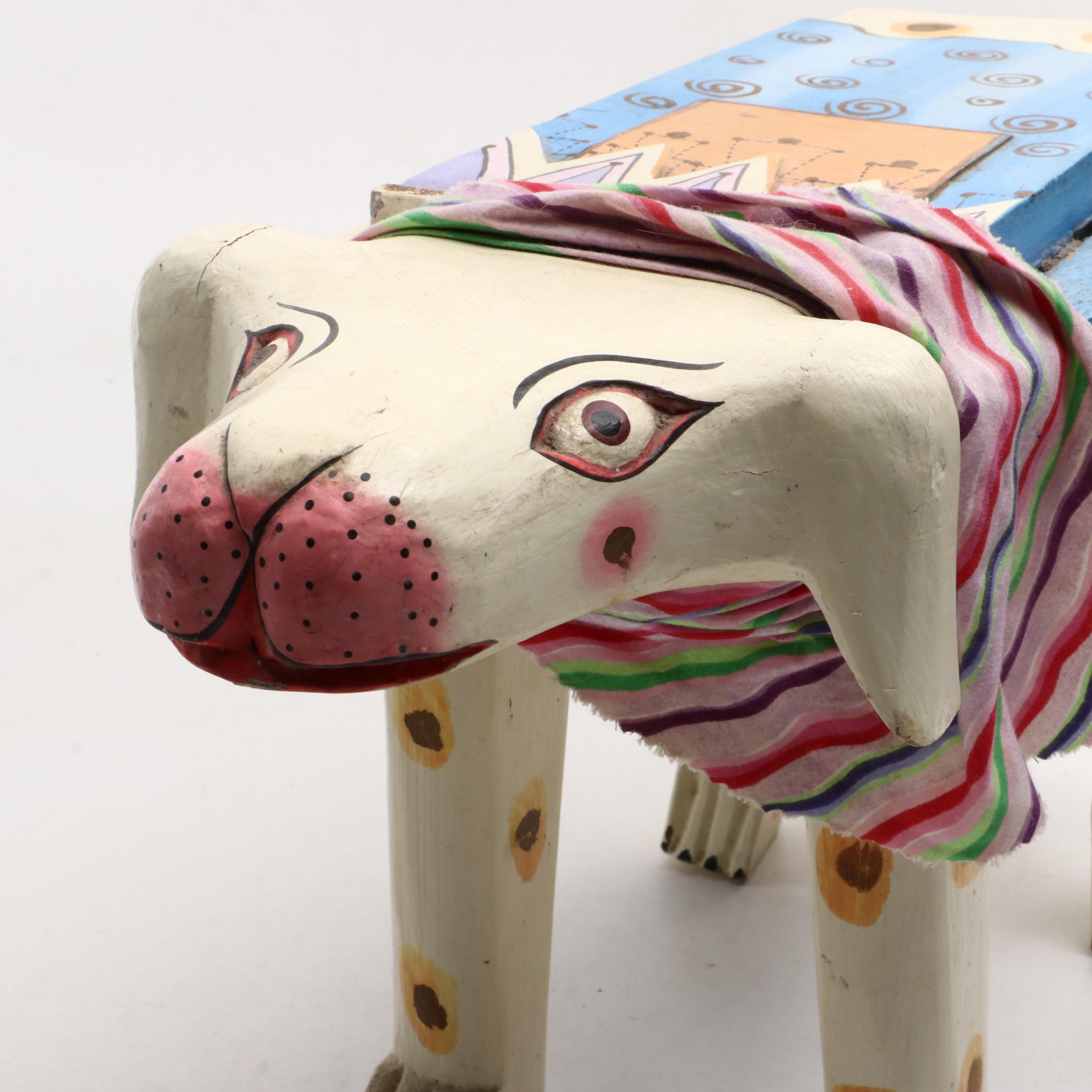 Folk Art Style Polychrome Wood Animal-Shaped Stool or Stand