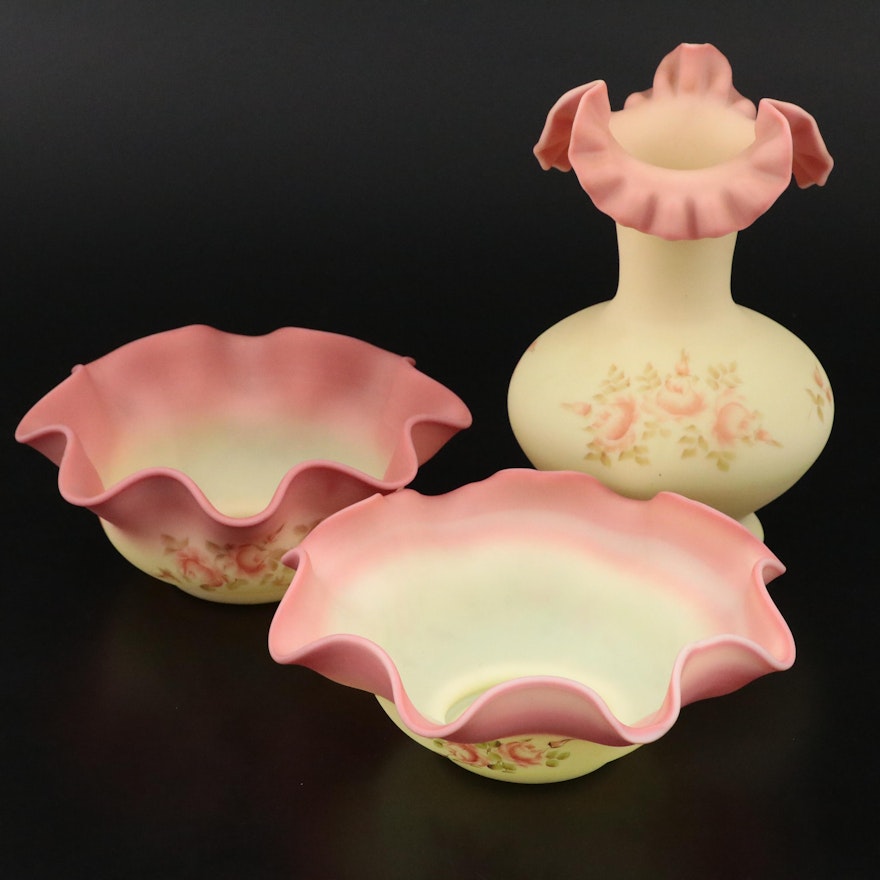 Fenton Hand-Painted Burmese Glass Vases and Bowls