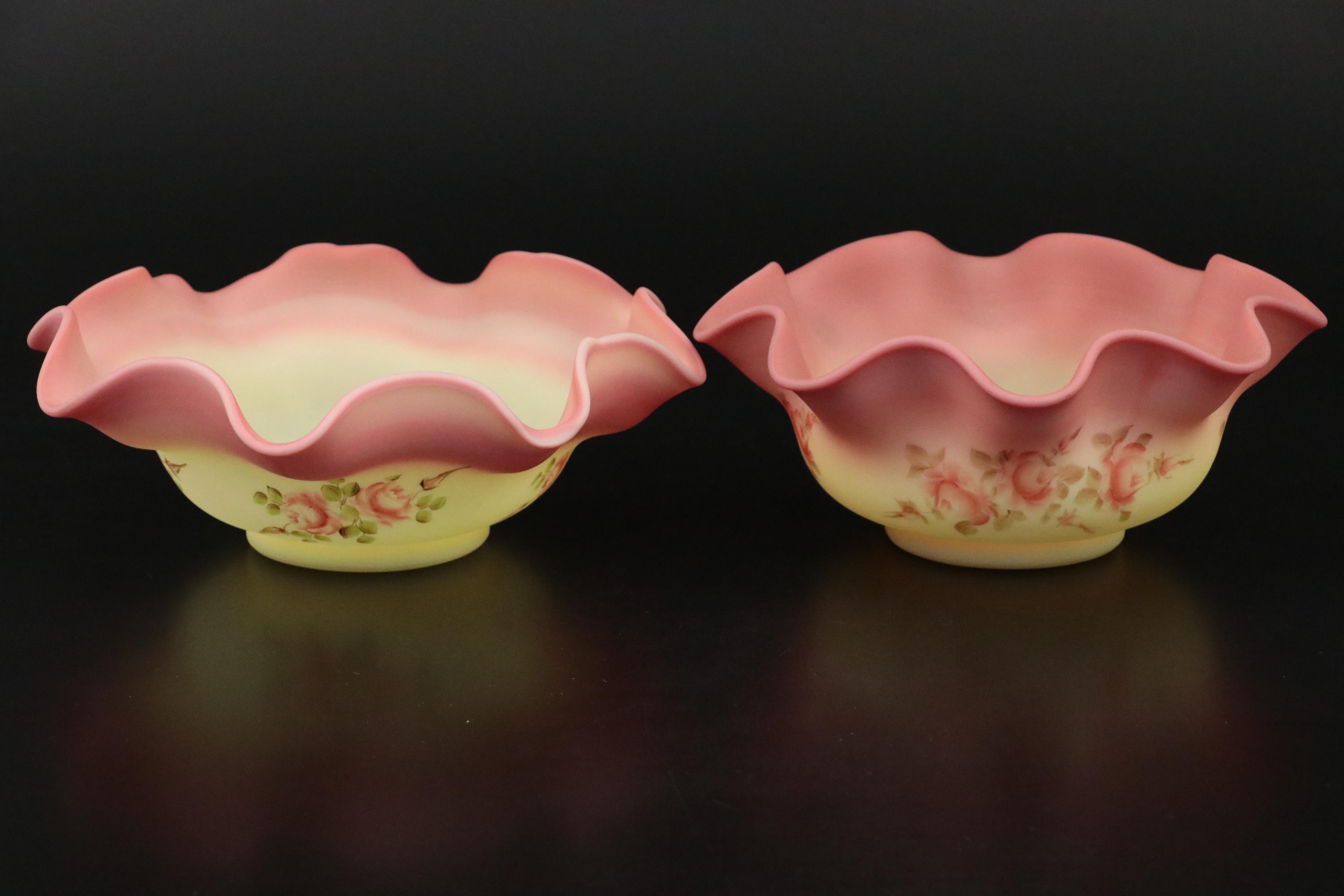 Fenton Hand-Painted Burmese Glass Vases and Bowls