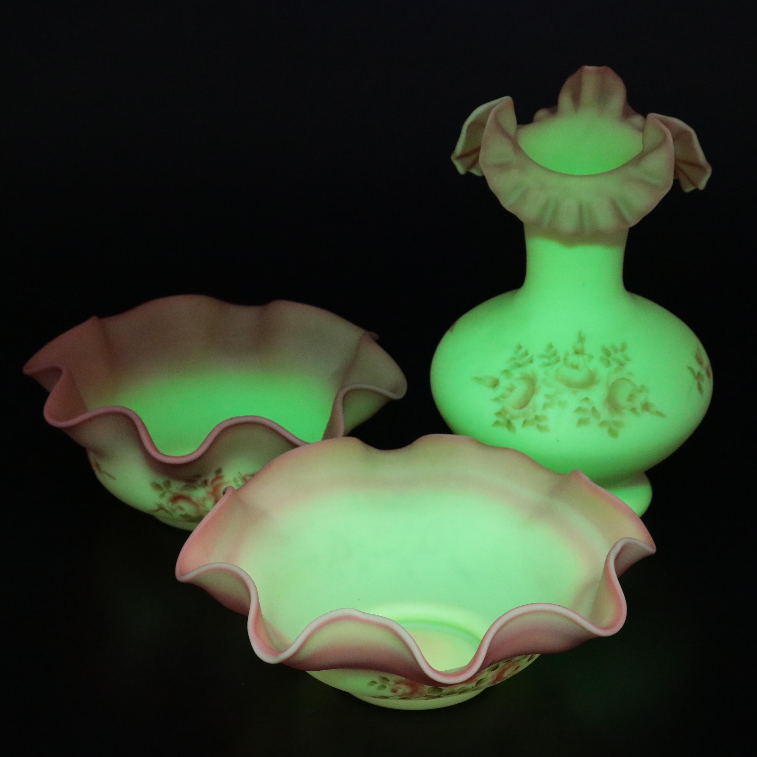 Fenton Hand-Painted Burmese Glass Vases and Bowls