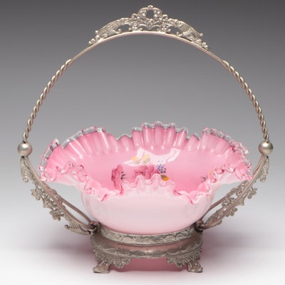 Victorian Style Brides Basket with Hand-Painted Ruffled Edge Glass Bowl