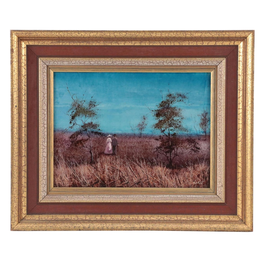 Neville James Tyrie Oil Painting of Two Figures in Dry Landscape, 1974