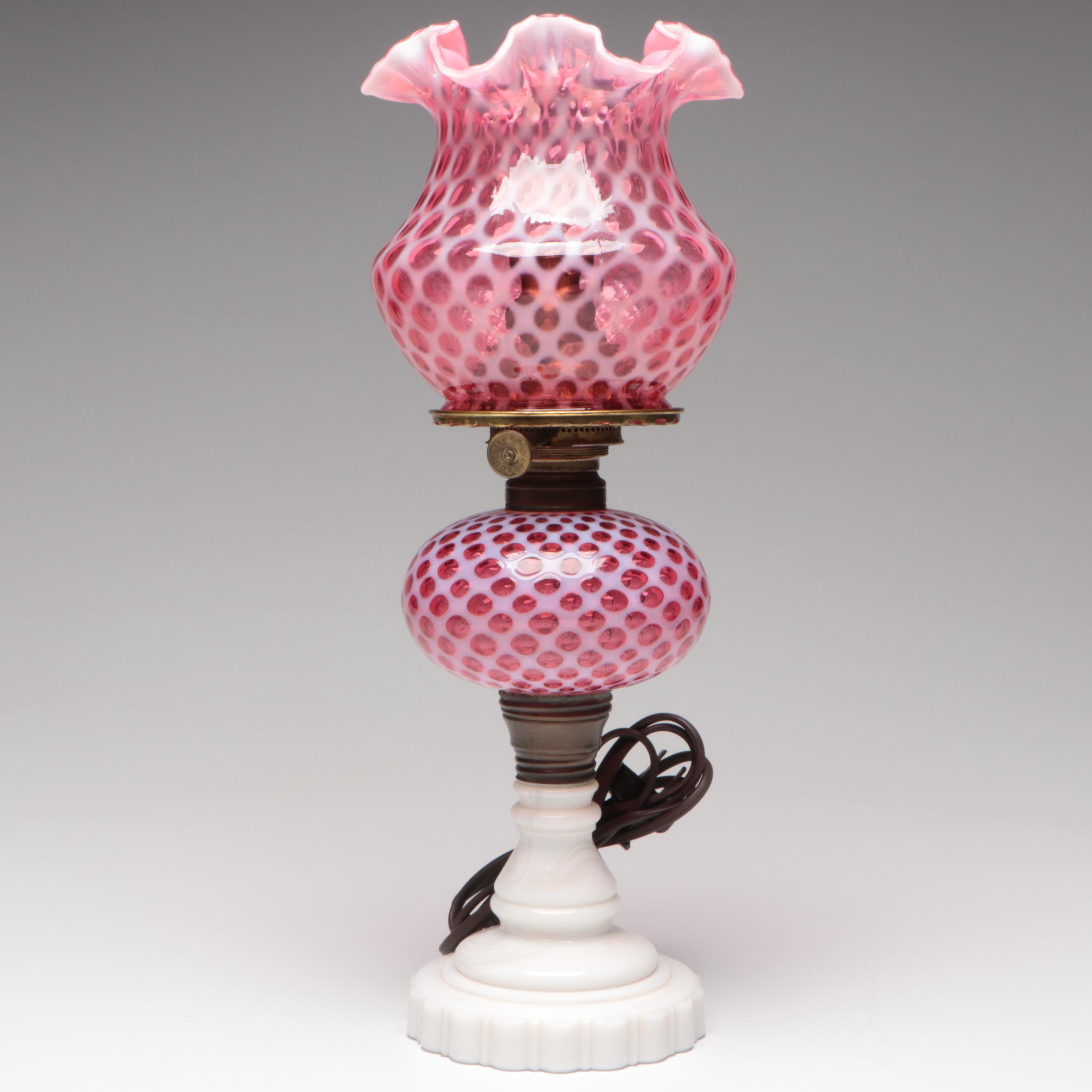 Fenton Coin Dot Cranberry Opalescent and Milk Glass Table Lamp, Mid-20th C.