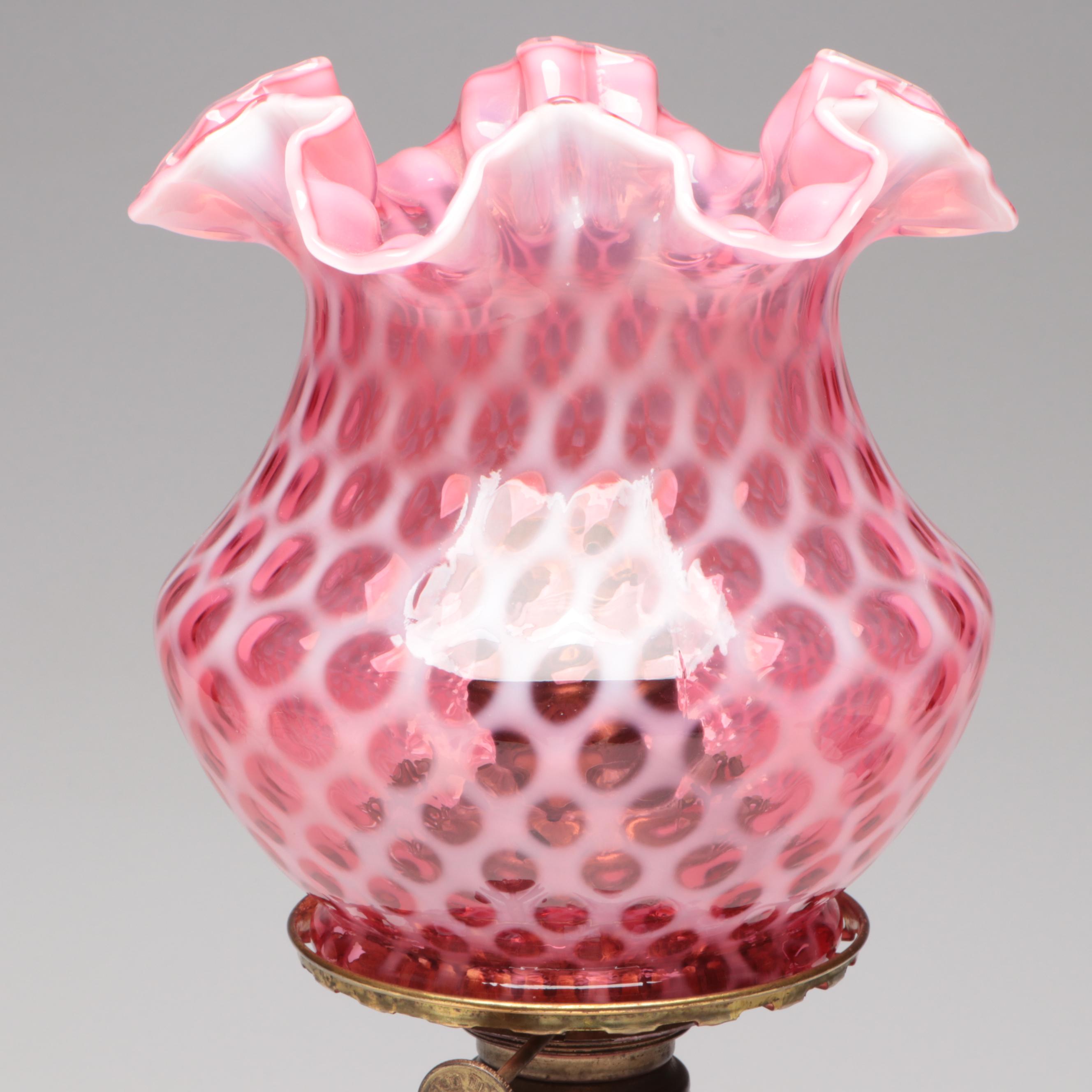 Fenton Coin Dot Cranberry Opalescent and Milk Glass Table Lamp, Mid-20th C.