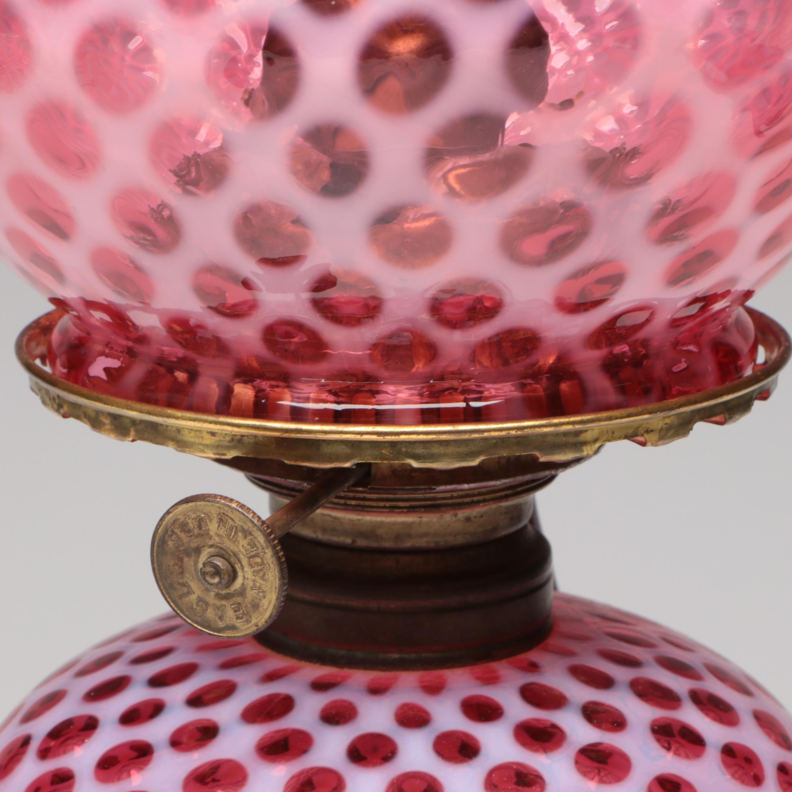 Fenton Coin Dot Cranberry Opalescent and Milk Glass Table Lamp, Mid-20th C.