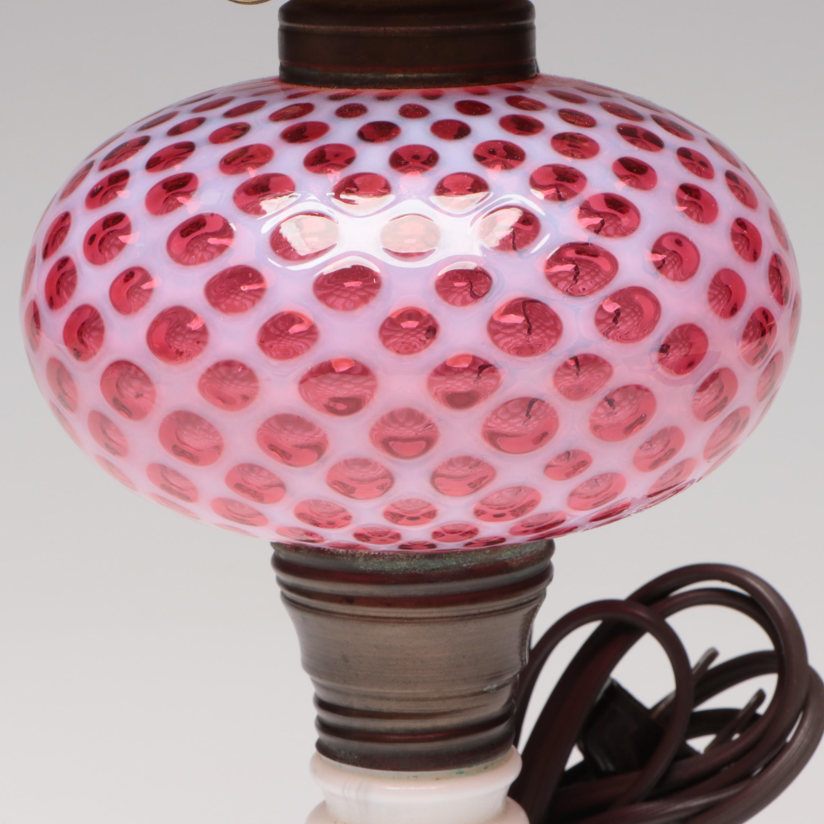Fenton Coin Dot Cranberry Opalescent and Milk Glass Table Lamp, Mid-20th C.