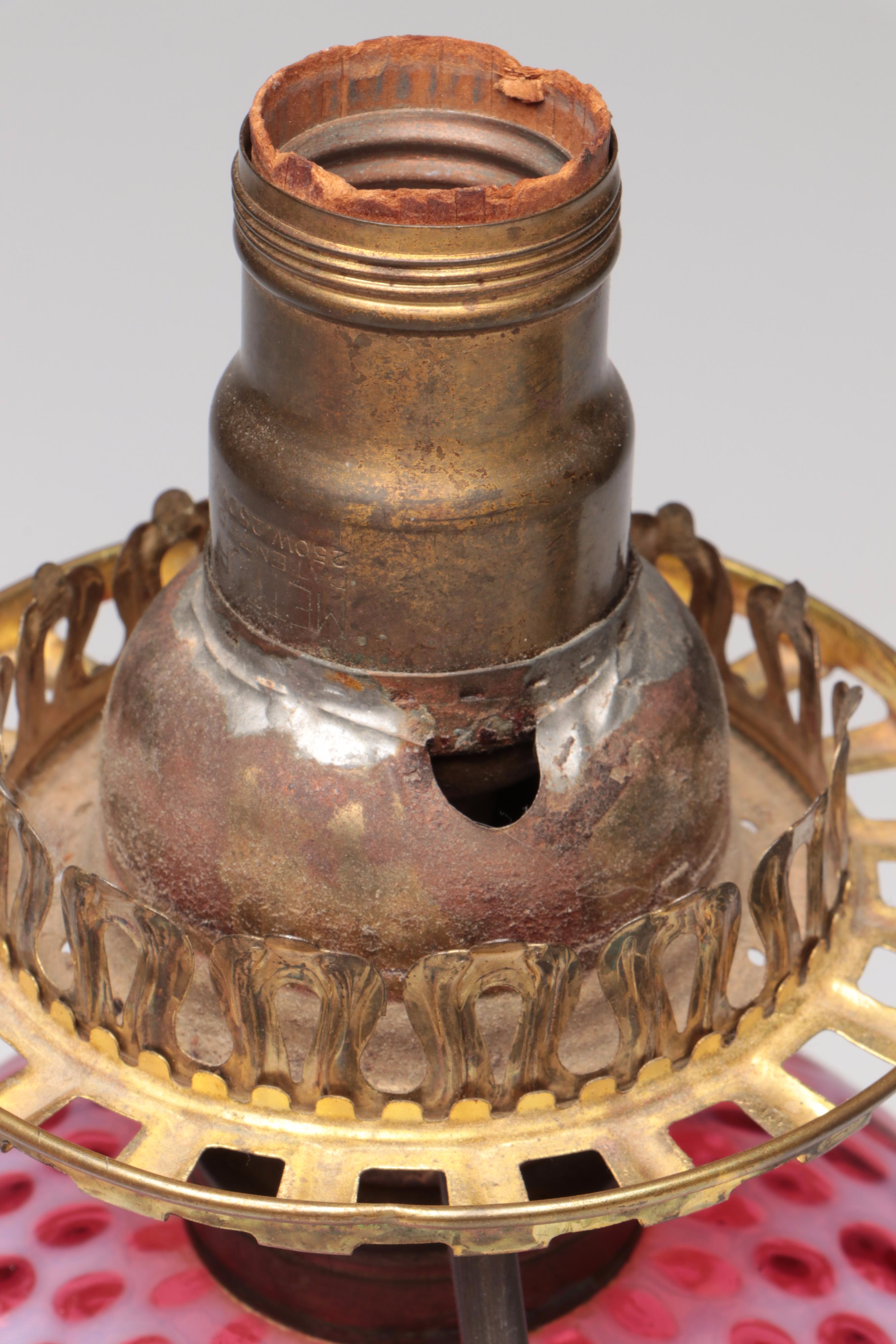 Fenton Coin Dot Cranberry Opalescent and Milk Glass Table Lamp, Mid-20th C.