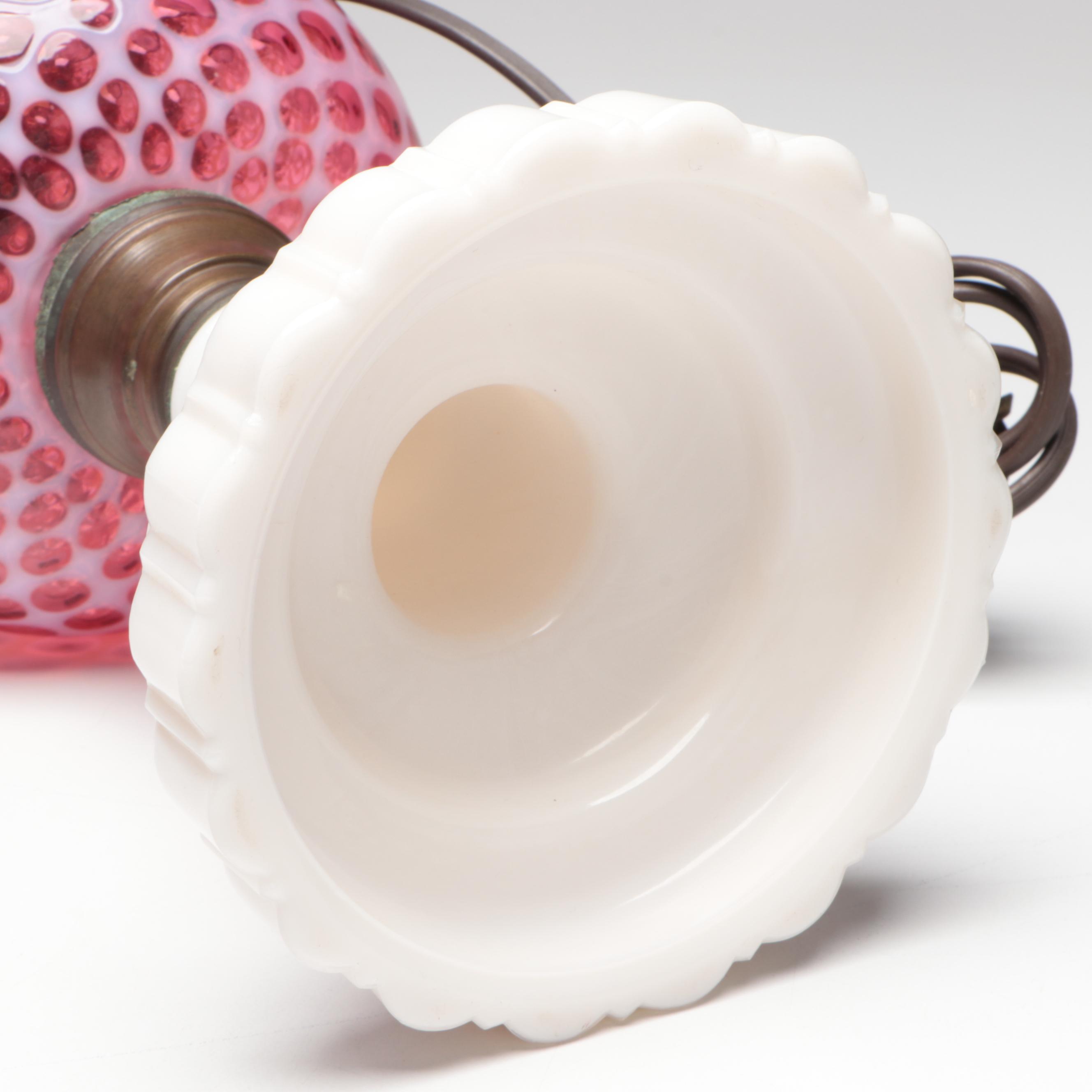 Fenton Coin Dot Cranberry Opalescent and Milk Glass Table Lamp, Mid-20th C.