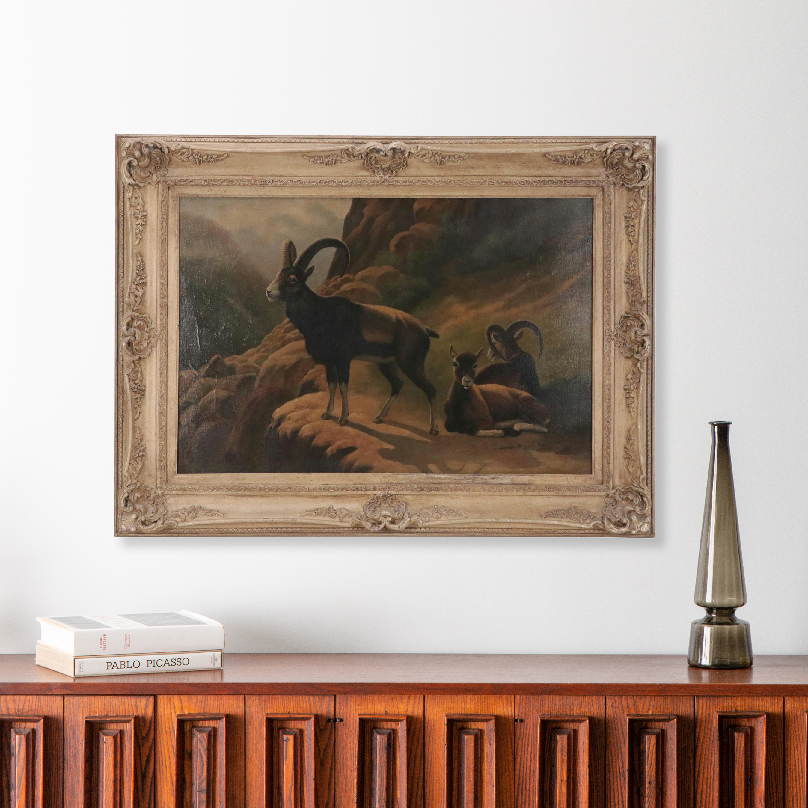 Oil Painting of Ibex in Mountain Landscape After Georges Frédéric Rötig