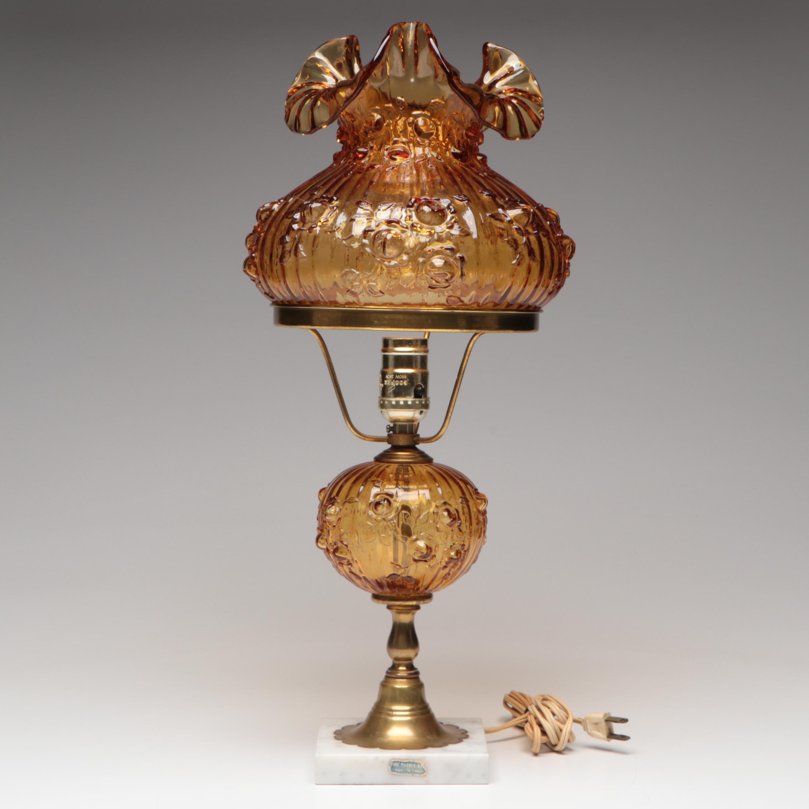 Fenton Roses Pressed Amber Glass Table Lamp with Marble Base