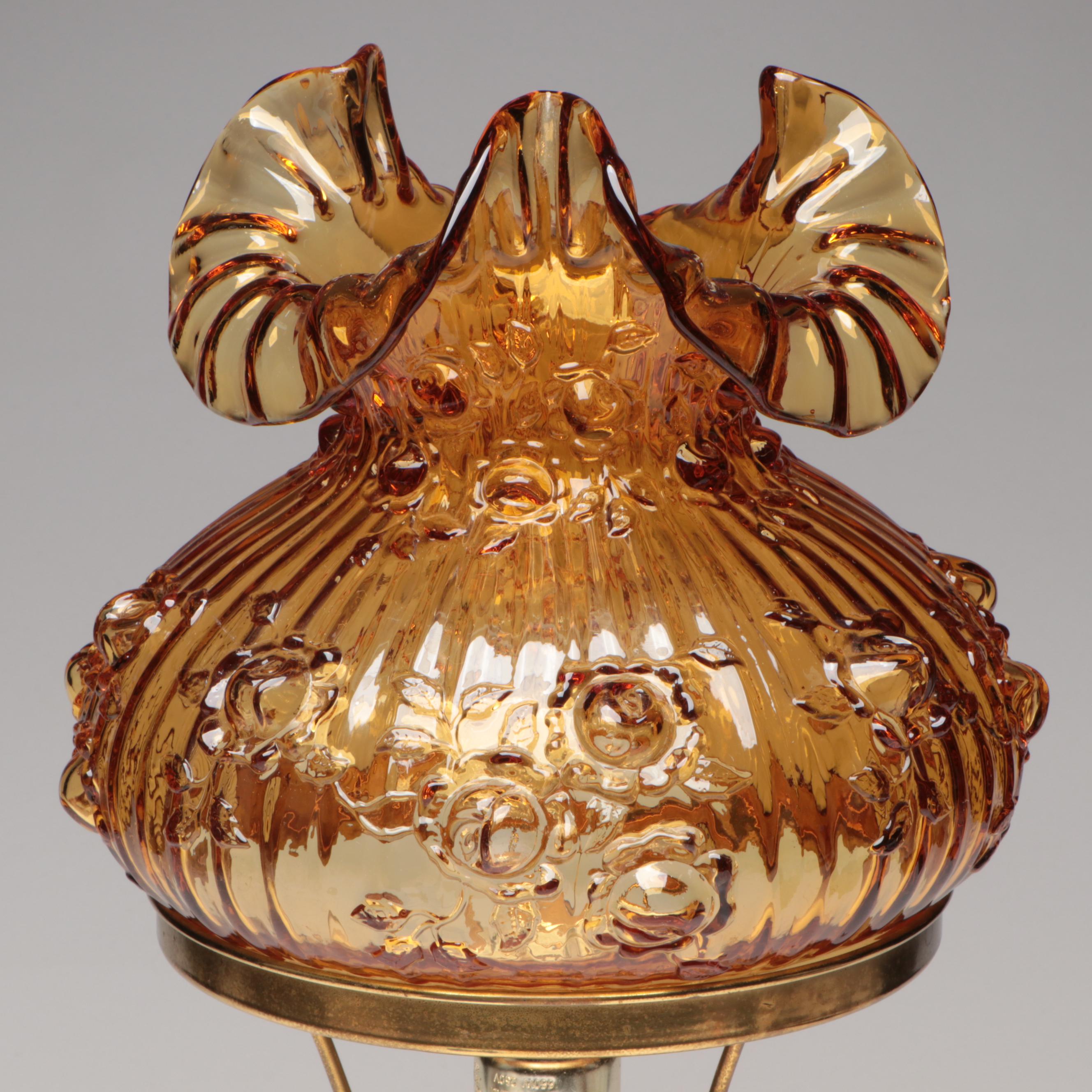 Fenton Roses Pressed Amber Glass Table Lamp with Marble Base