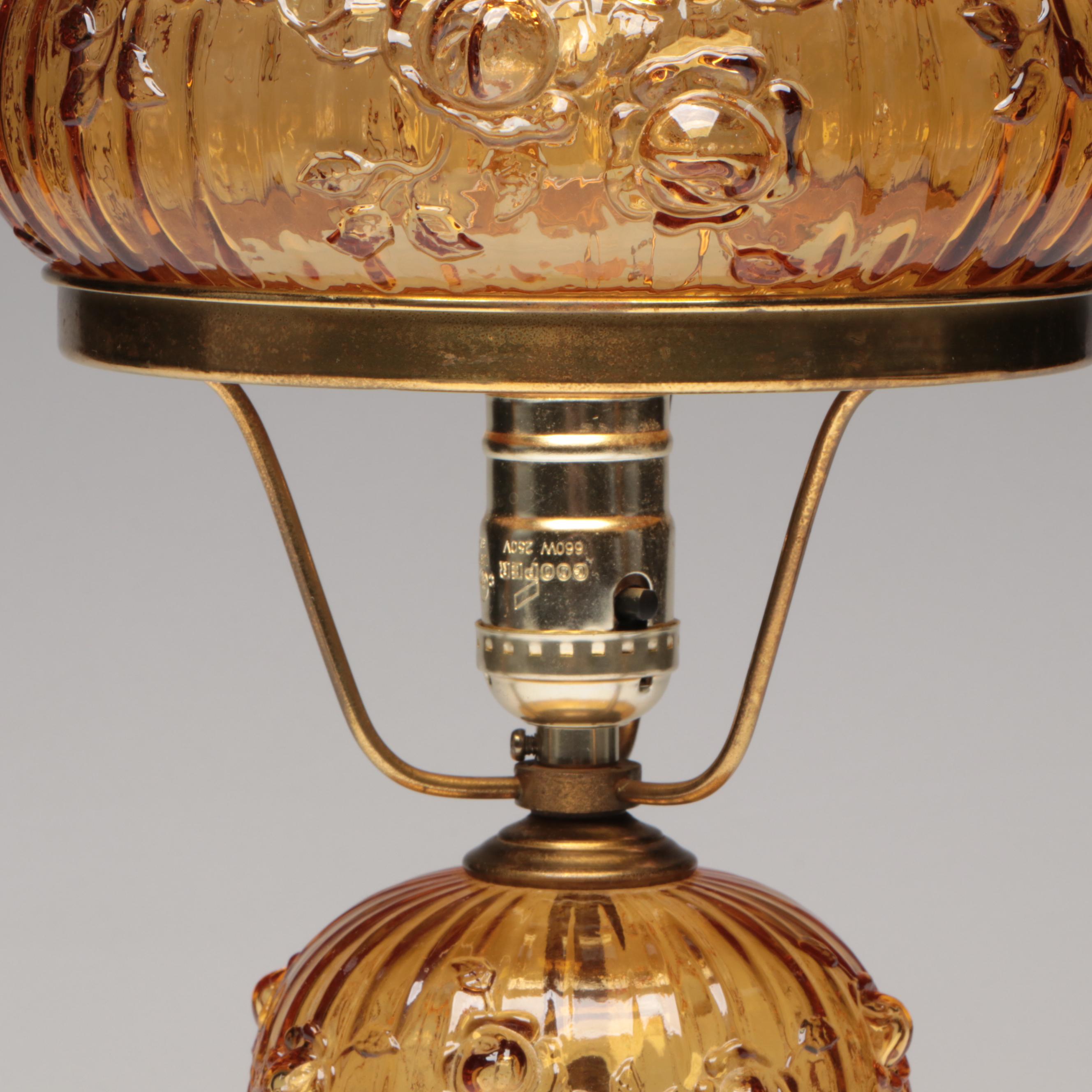 Fenton Roses Pressed Amber Glass Table Lamp with Marble Base
