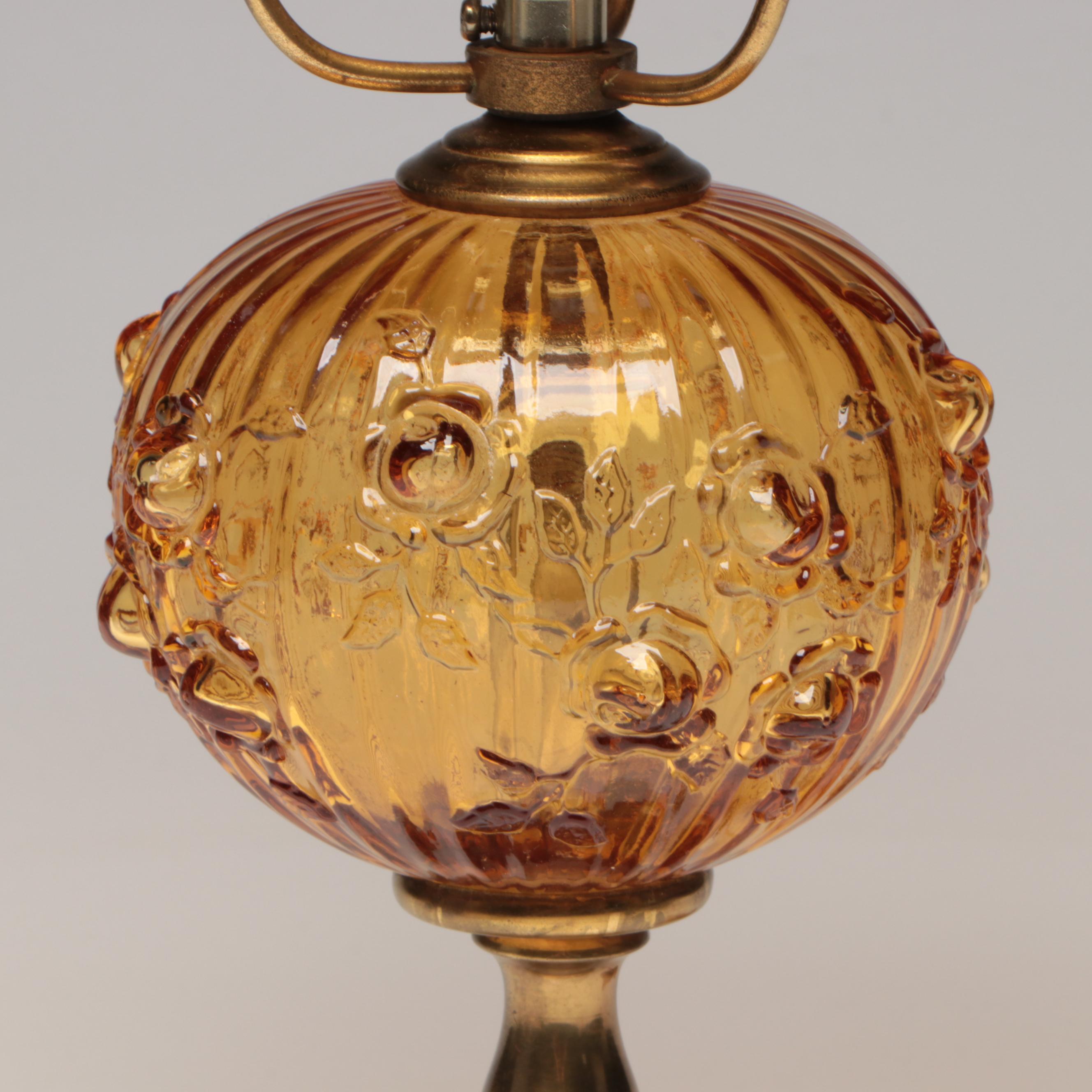 Fenton Roses Pressed Amber Glass Table Lamp with Marble Base