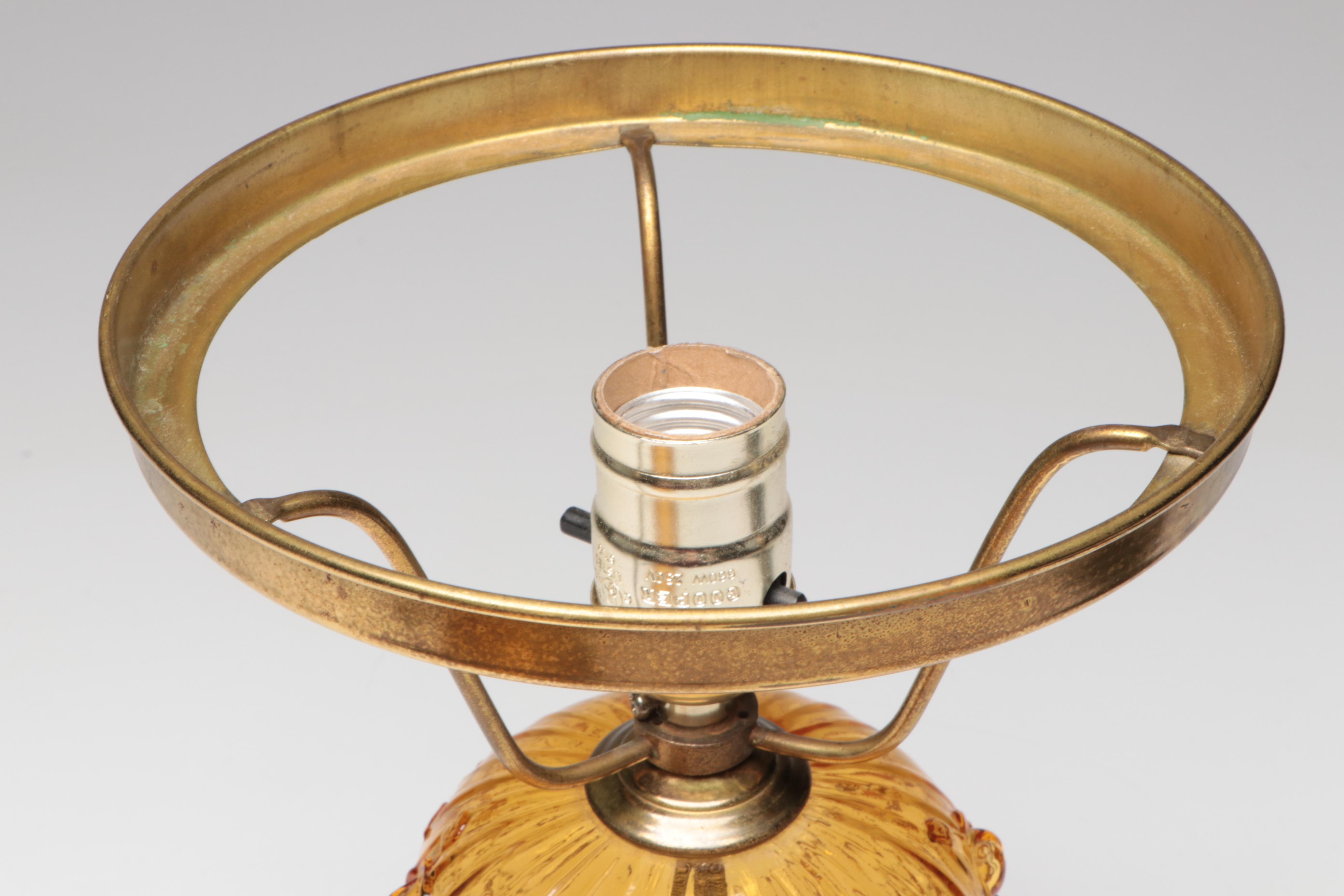 Fenton Roses Pressed Amber Glass Table Lamp with Marble Base