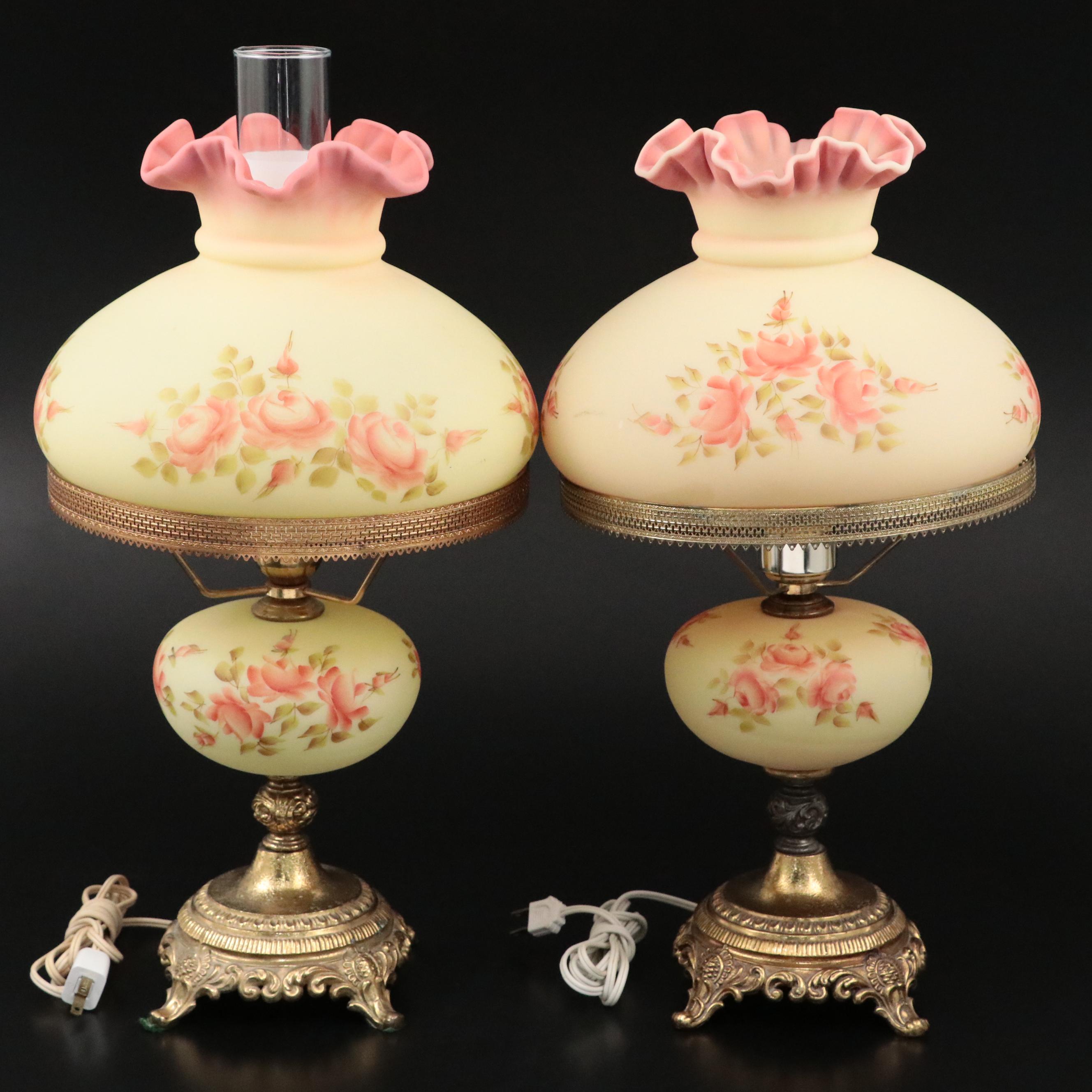 Fenton Burmese Glass Parlor Lamps with Hand-Painted Roses, Late 20th C.
