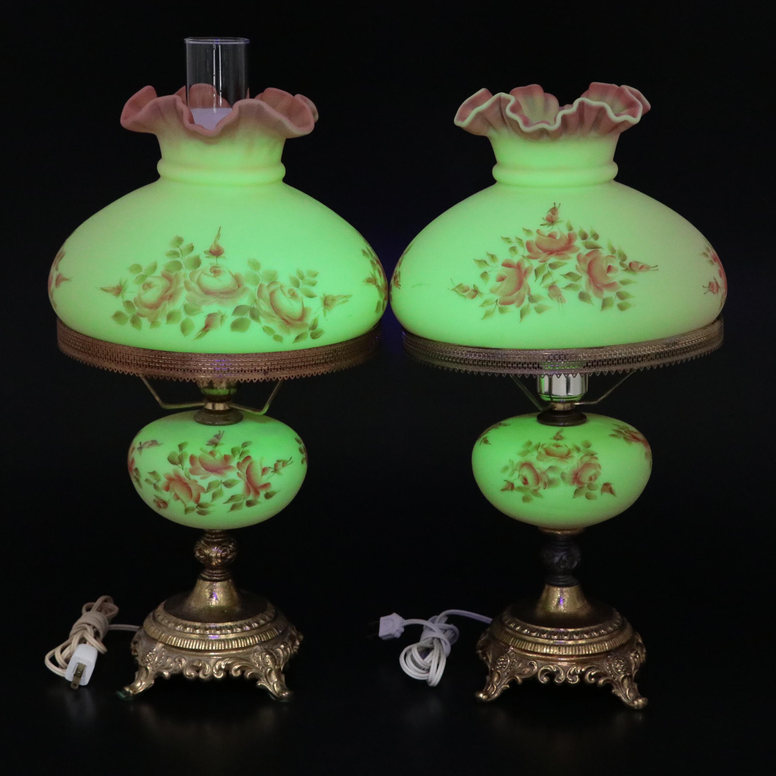 Fenton Burmese Glass Parlor Lamps with Hand-Painted Roses, Late 20th C.
