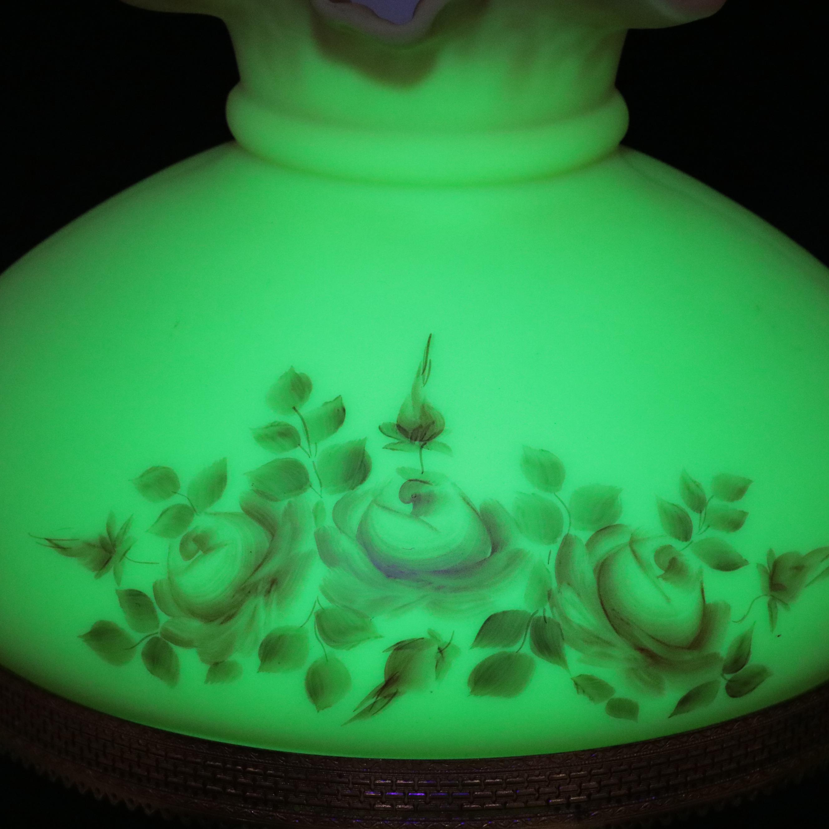 Fenton Burmese Glass Parlor Lamps with Hand-Painted Roses, Late 20th C.