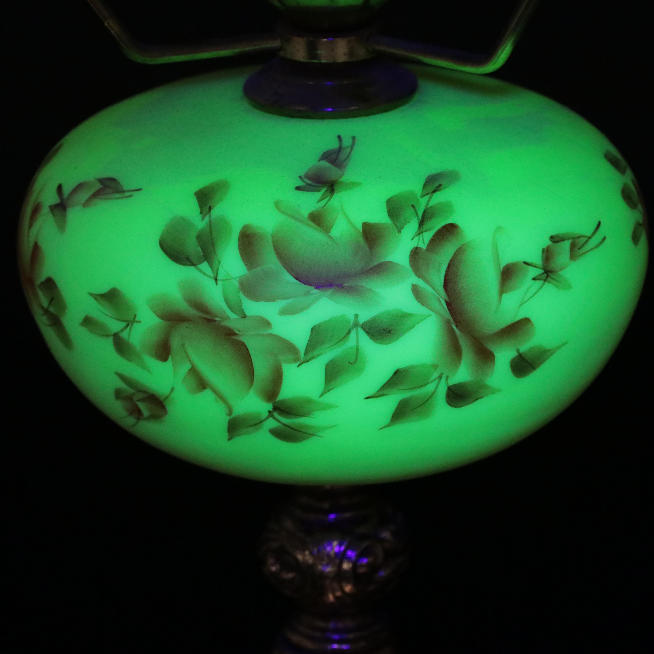 Fenton Burmese Glass Parlor Lamps with Hand-Painted Roses, Late 20th C.