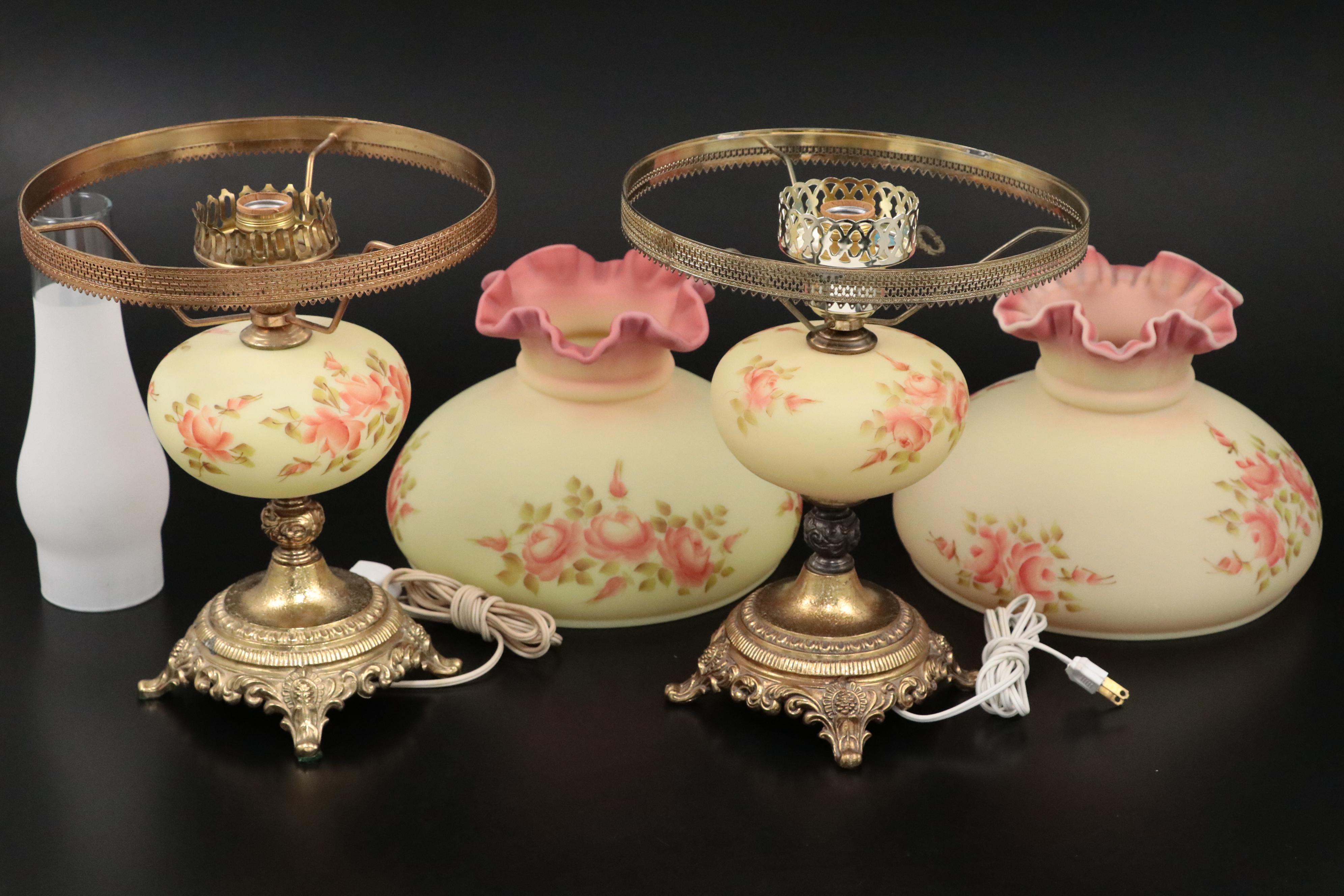Fenton Burmese Glass Parlor Lamps with Hand-Painted Roses, Late 20th C.