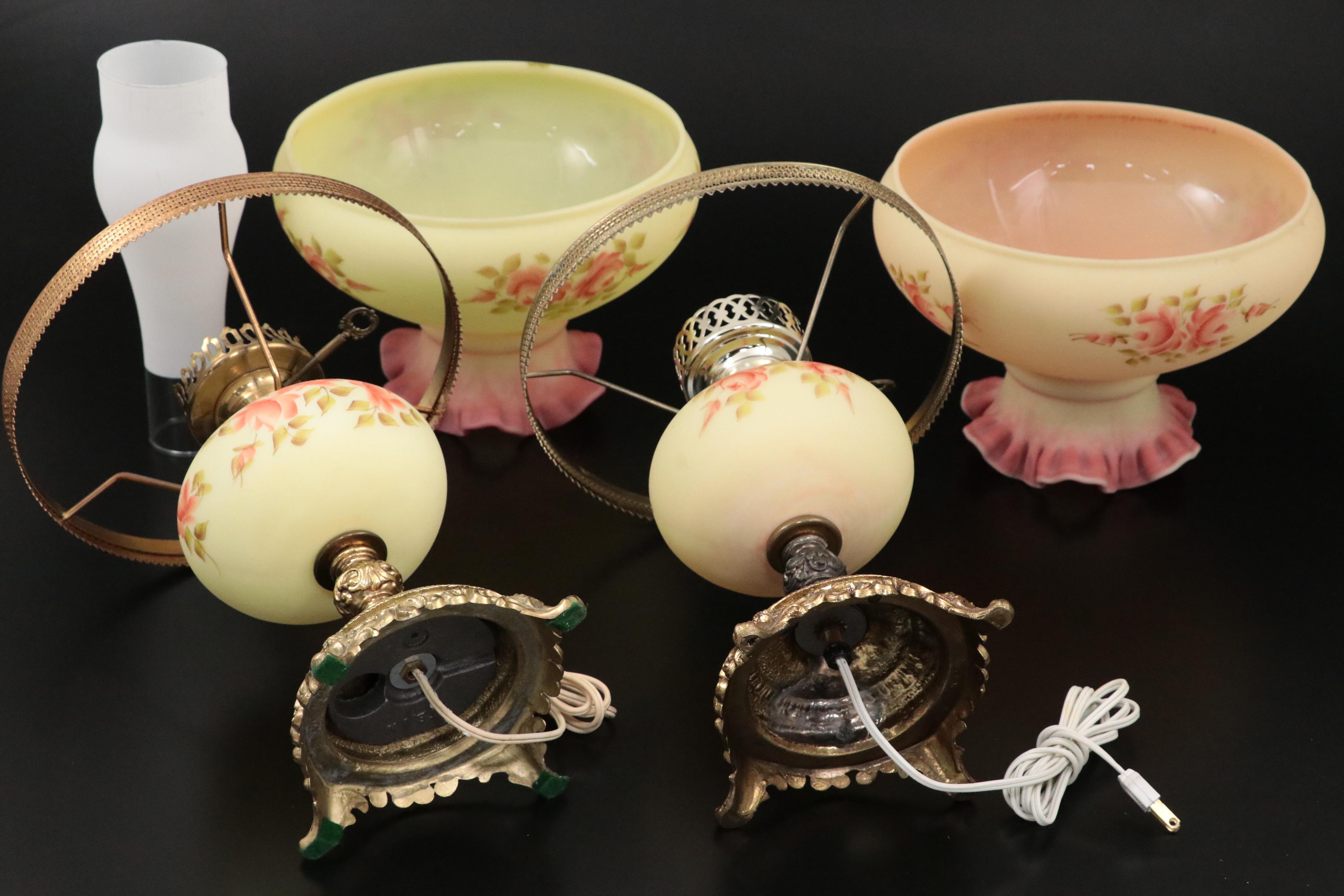 Fenton Burmese Glass Parlor Lamps with Hand-Painted Roses, Late 20th C.
