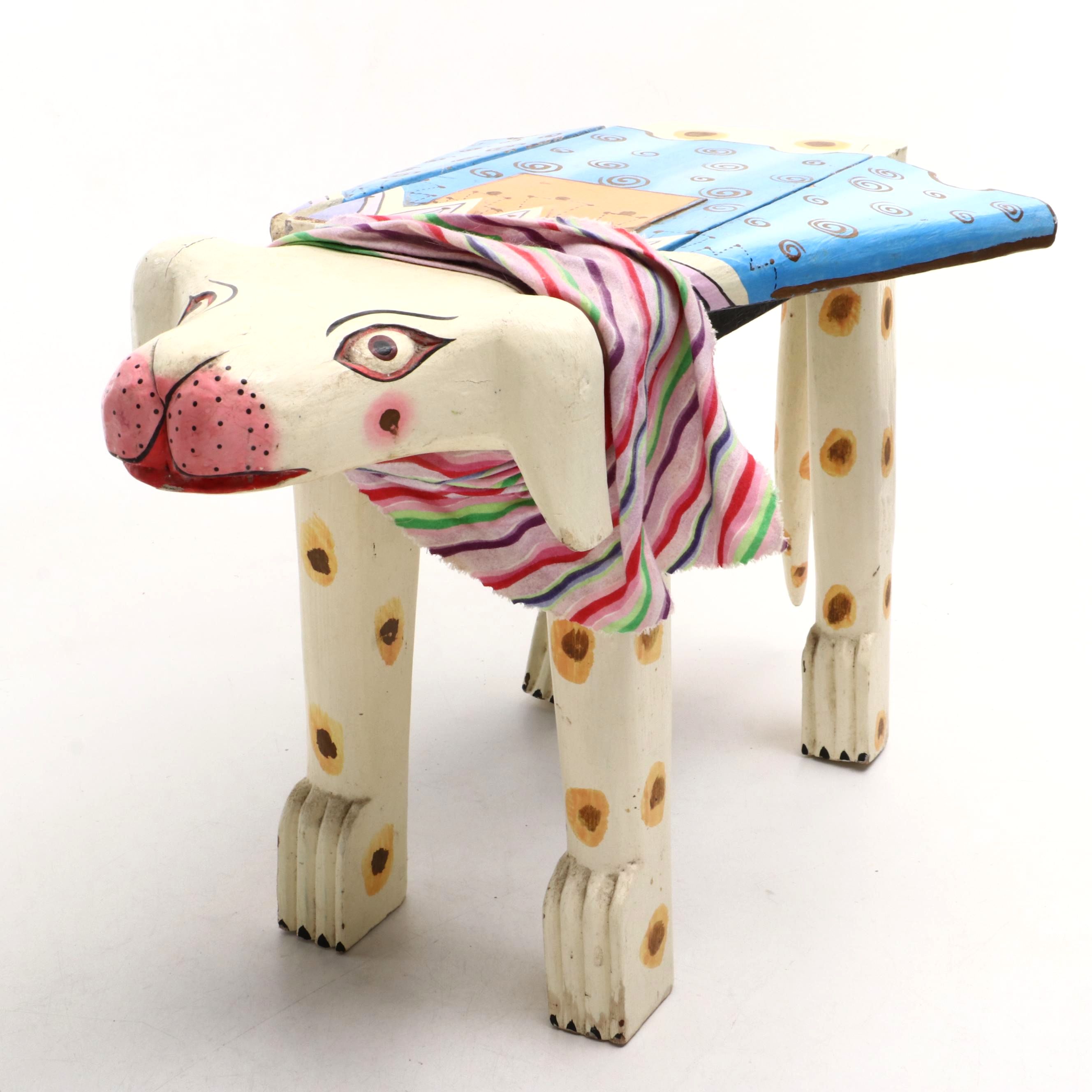 Folk Art Style Polychrome Wood Animal-Shaped Stool or Stand