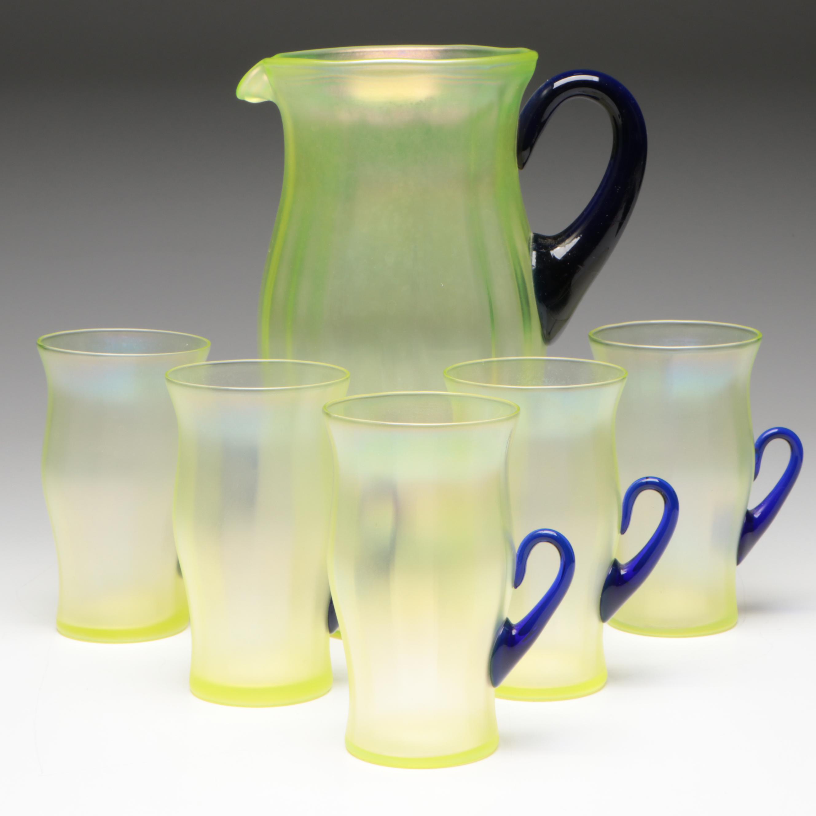 Fenton Iridescent Green Vaseline Pitcher and Tumblers with Cobalt Handles