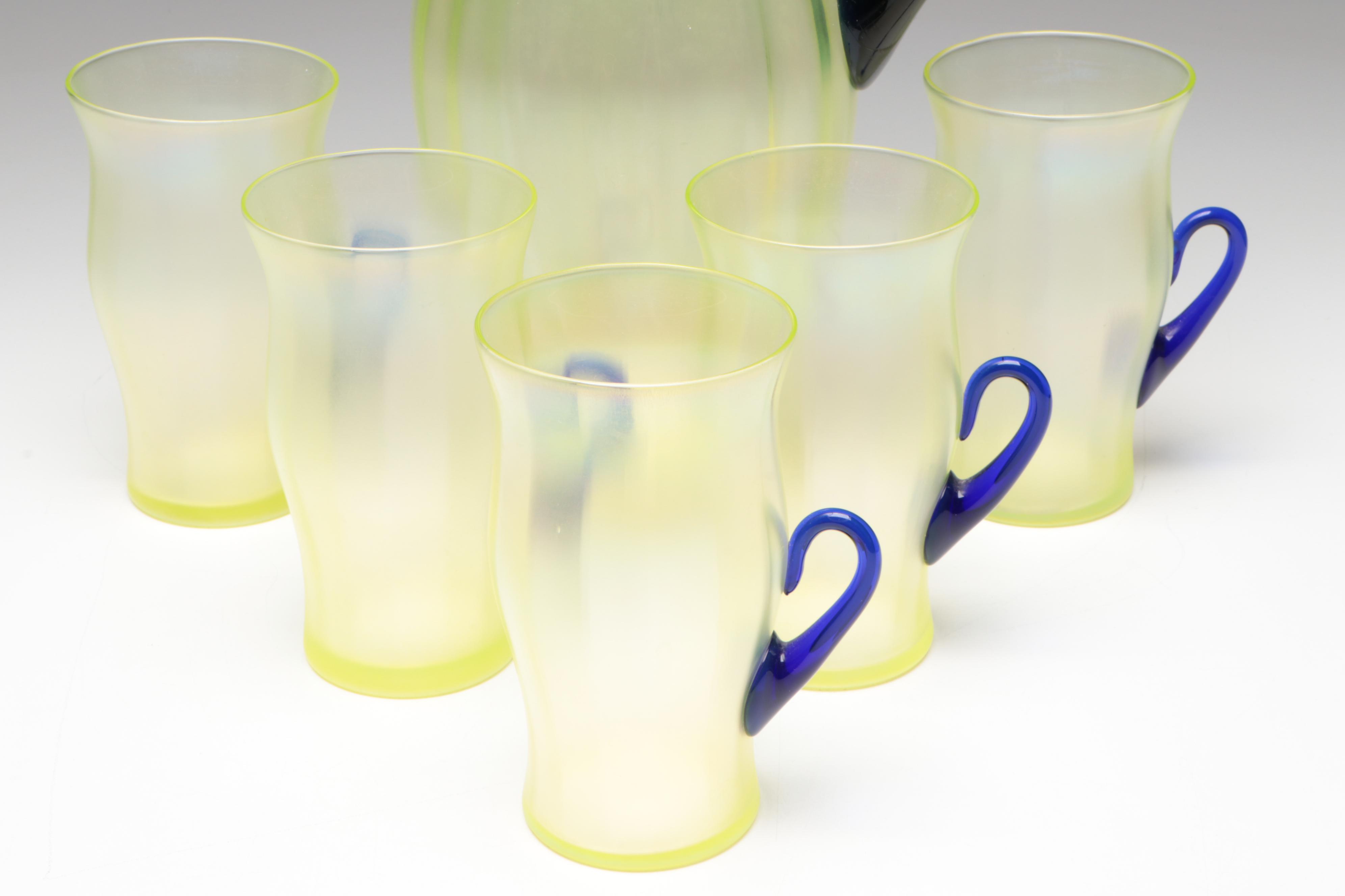 Fenton Iridescent Green Vaseline Pitcher and Tumblers with Cobalt Handles