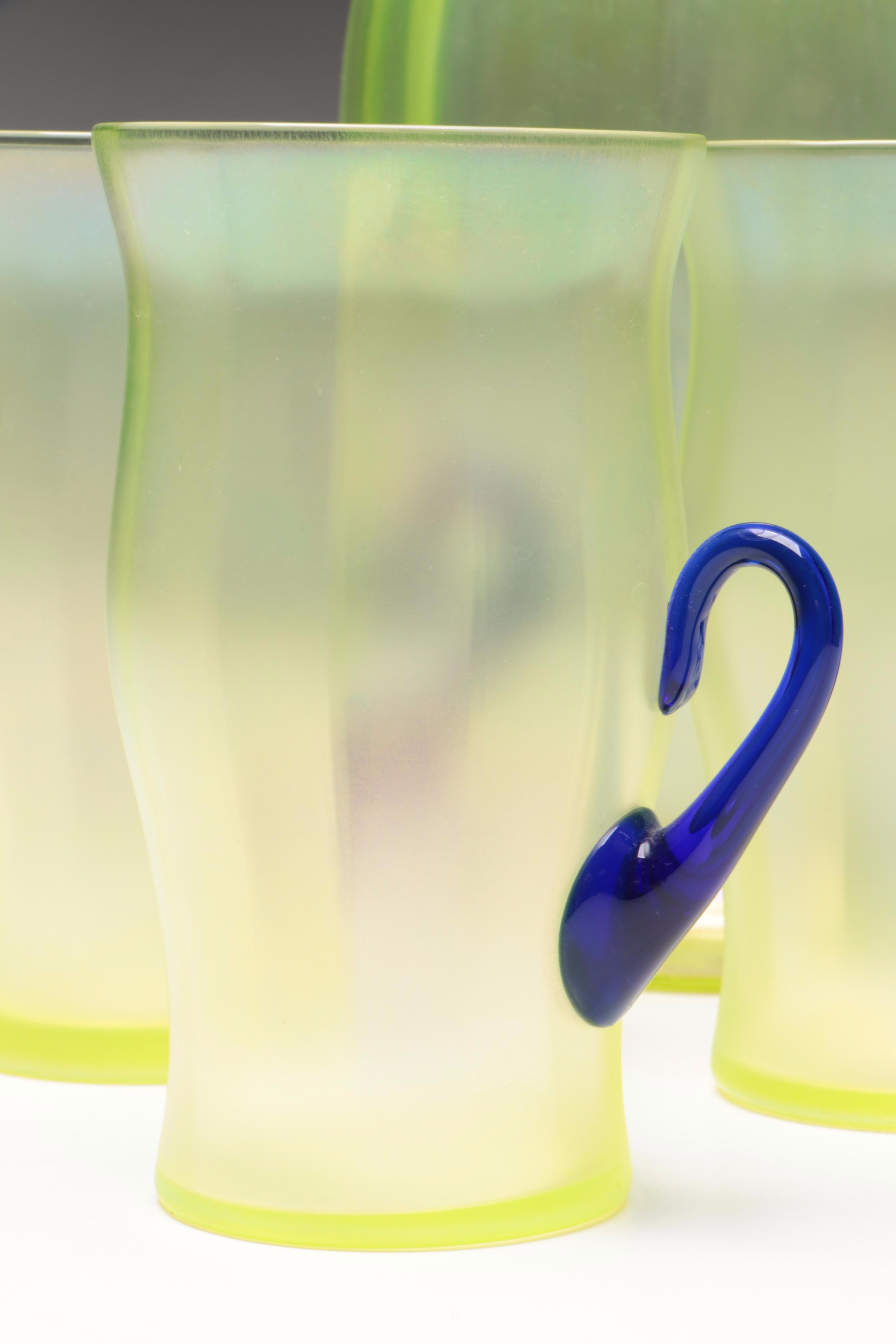 Fenton Iridescent Green Vaseline Pitcher and Tumblers with Cobalt Handles