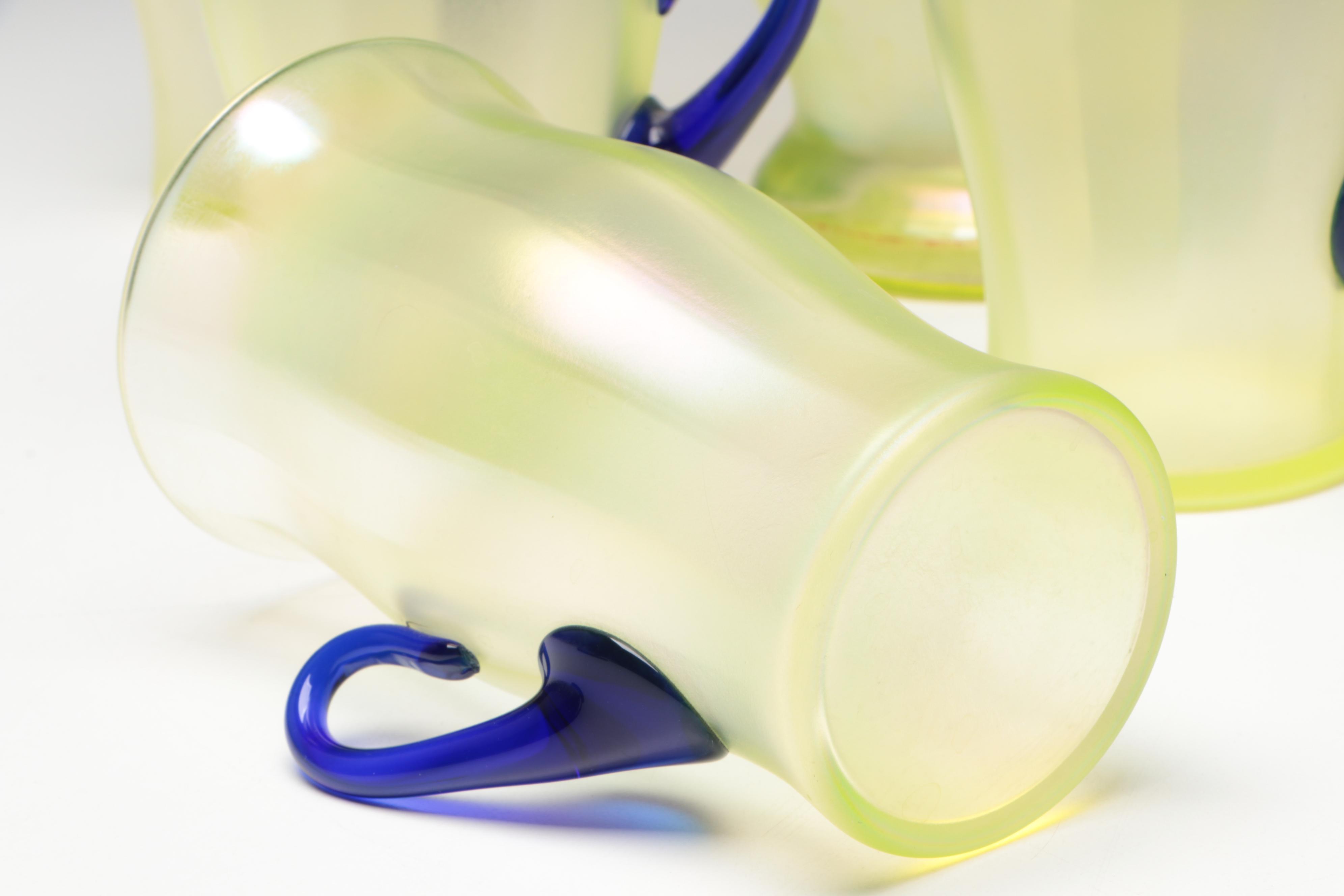 Fenton Iridescent Green Vaseline Pitcher and Tumblers with Cobalt Handles