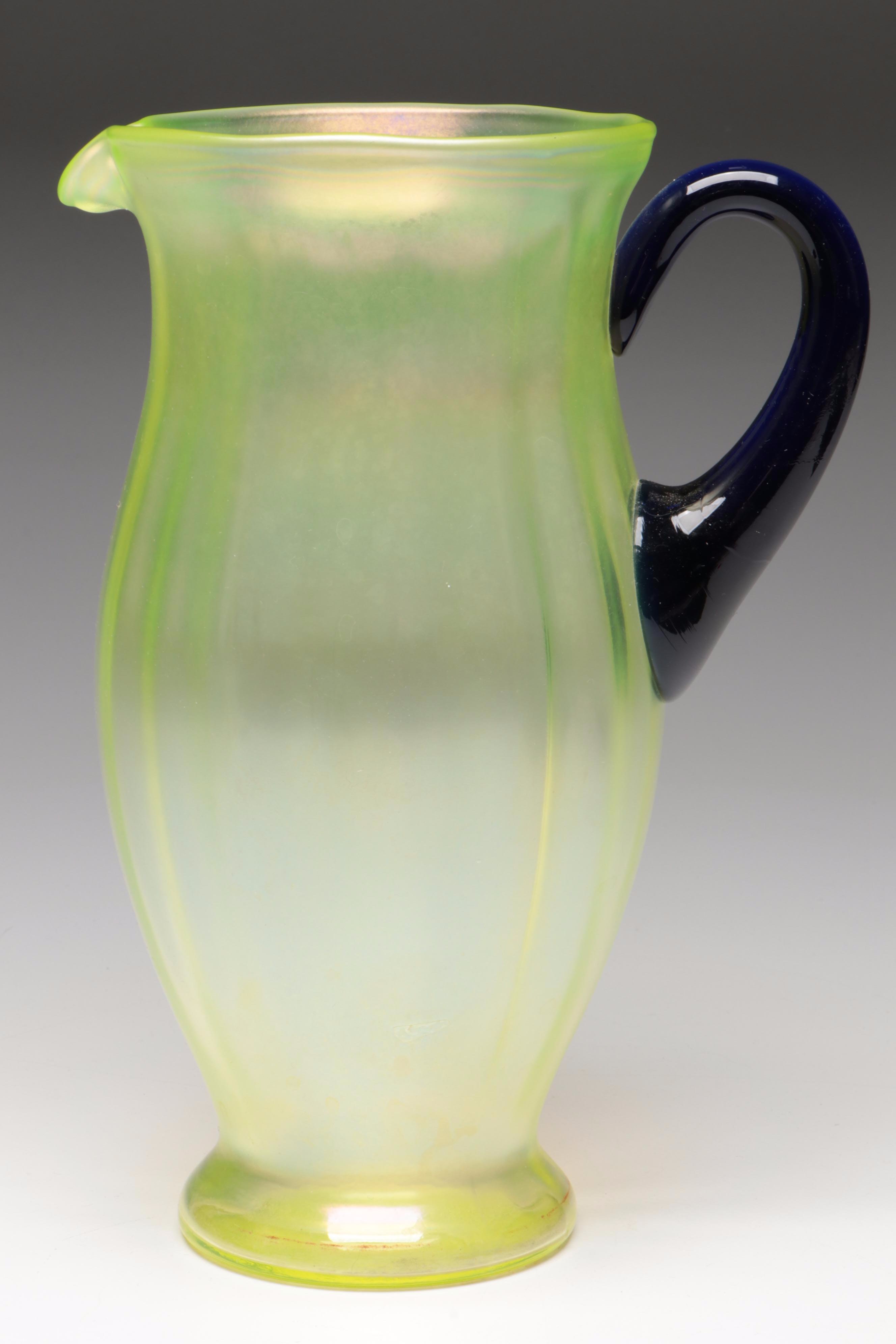 Fenton Iridescent Green Vaseline Pitcher and Tumblers with Cobalt Handles