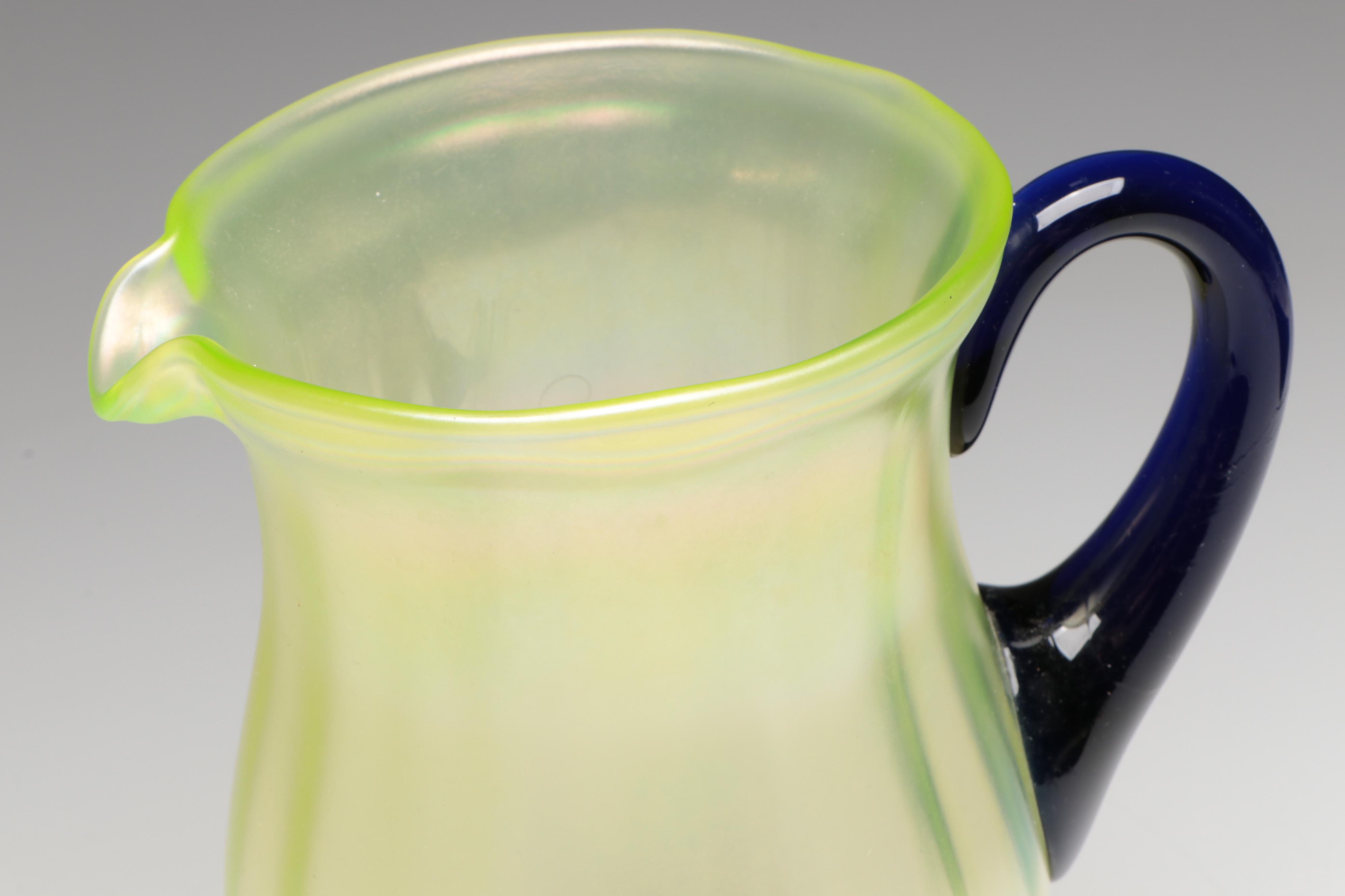 Fenton Iridescent Green Vaseline Pitcher and Tumblers with Cobalt Handles