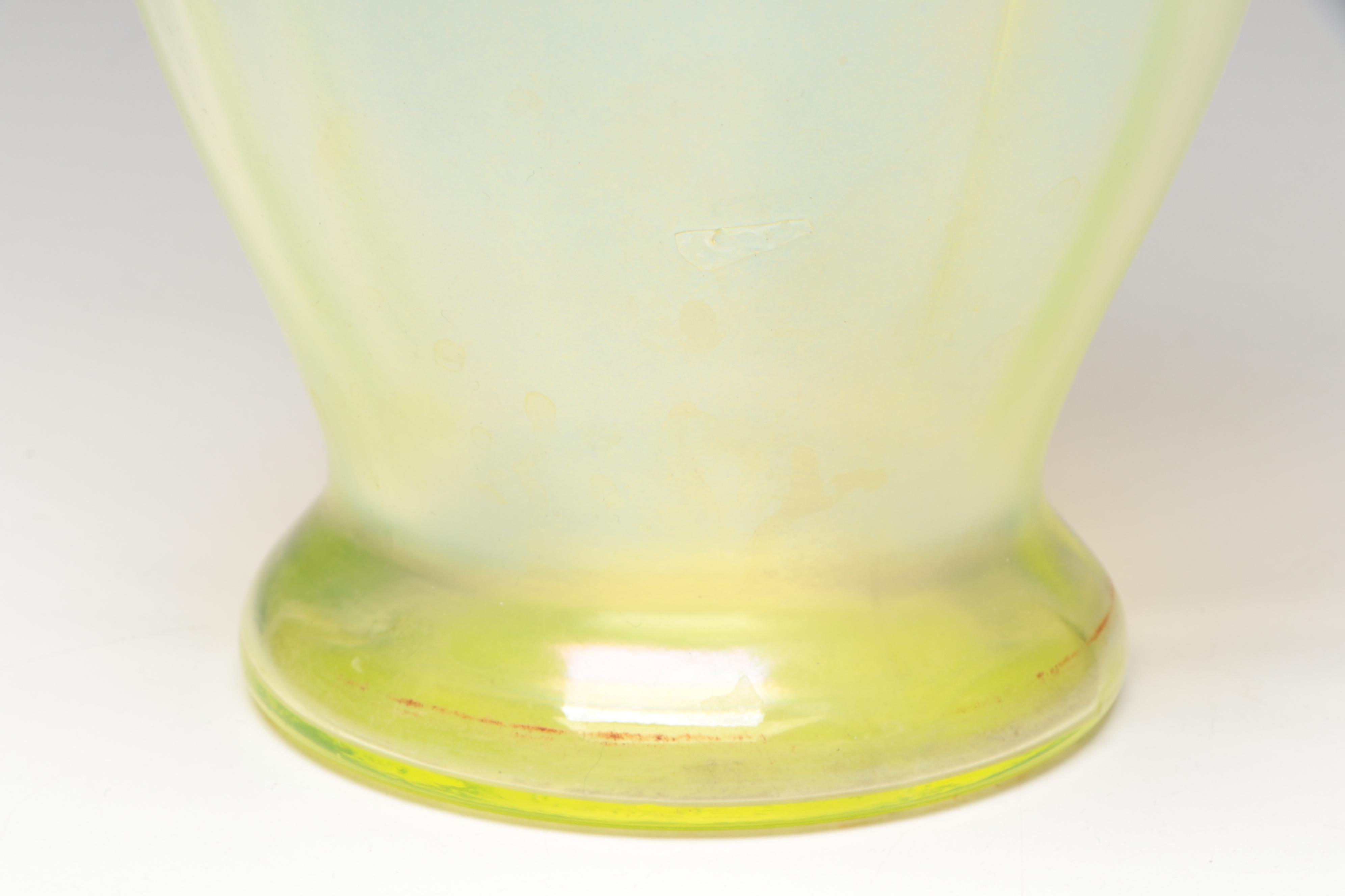 Fenton Iridescent Green Vaseline Pitcher and Tumblers with Cobalt Handles