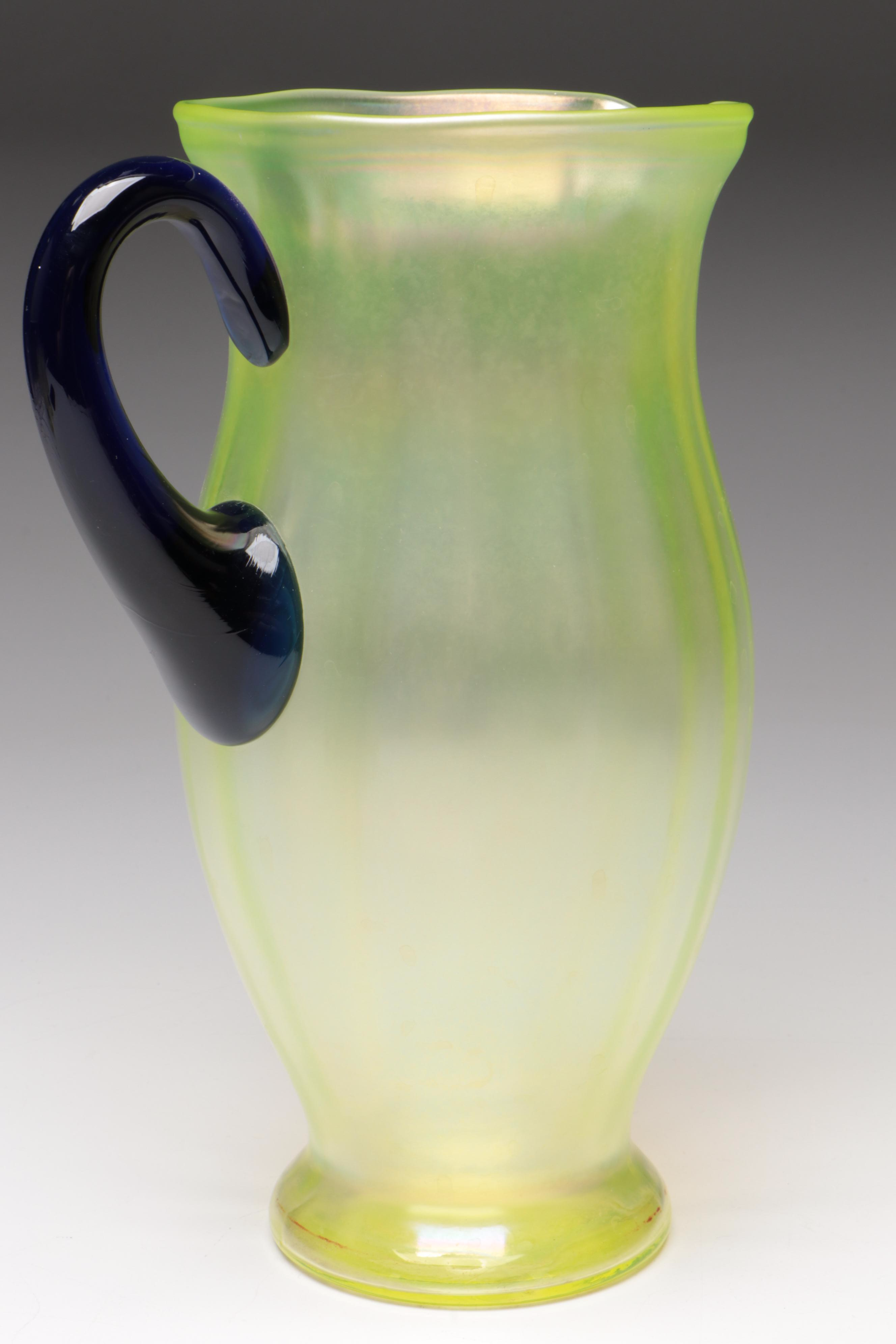 Fenton Iridescent Green Vaseline Pitcher and Tumblers with Cobalt Handles