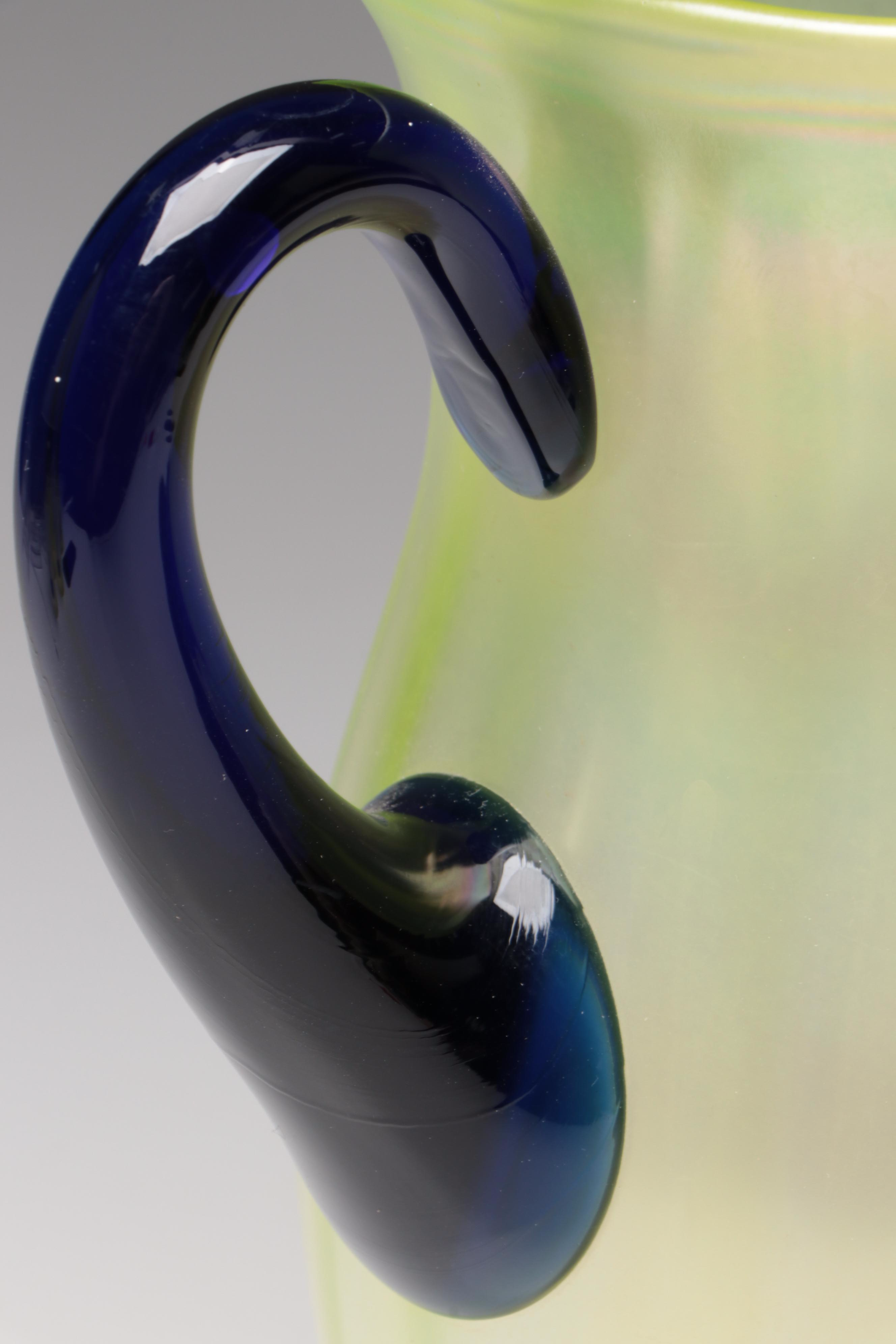 Fenton Iridescent Green Vaseline Pitcher and Tumblers with Cobalt Handles