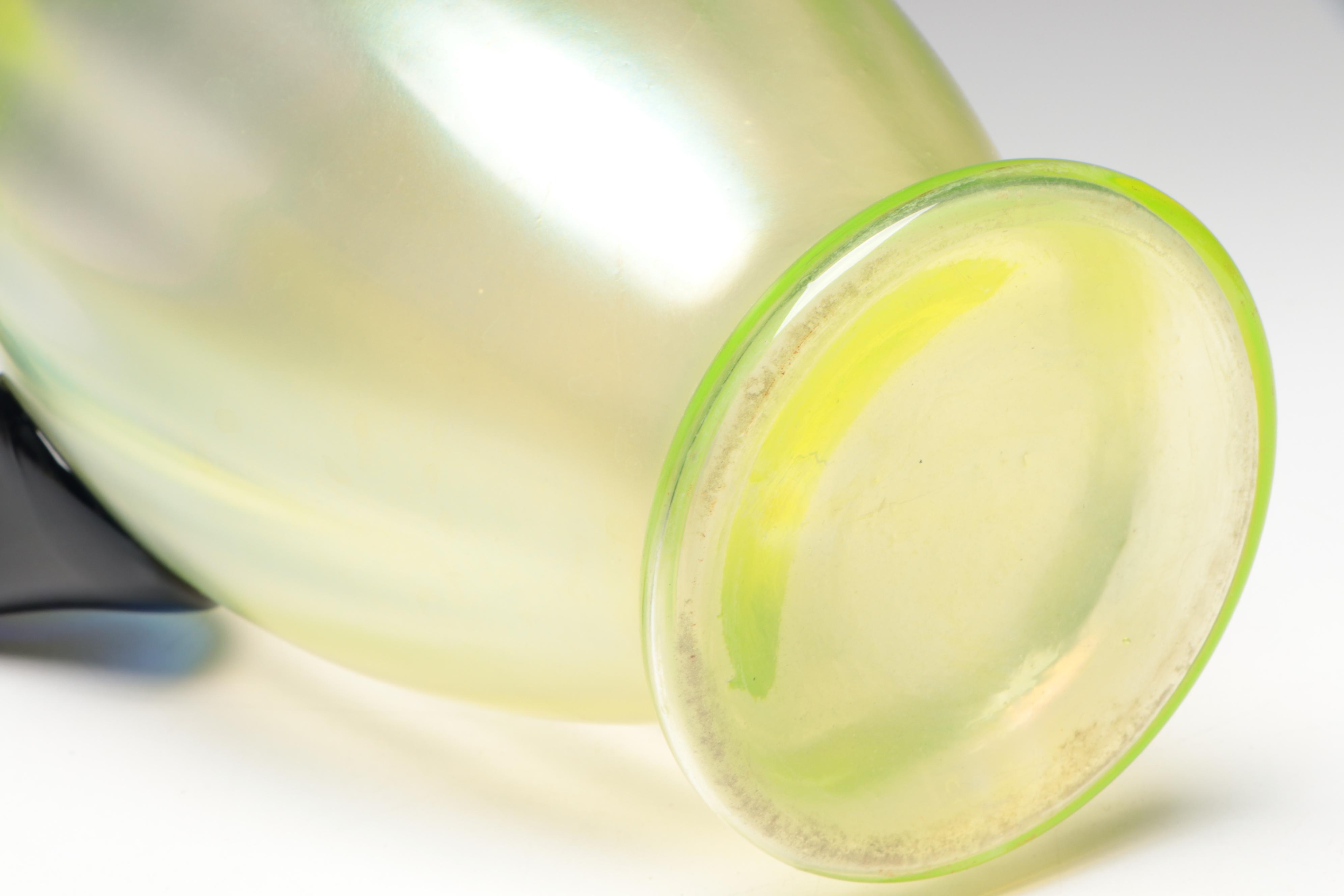 Fenton Iridescent Green Vaseline Pitcher and Tumblers with Cobalt Handles