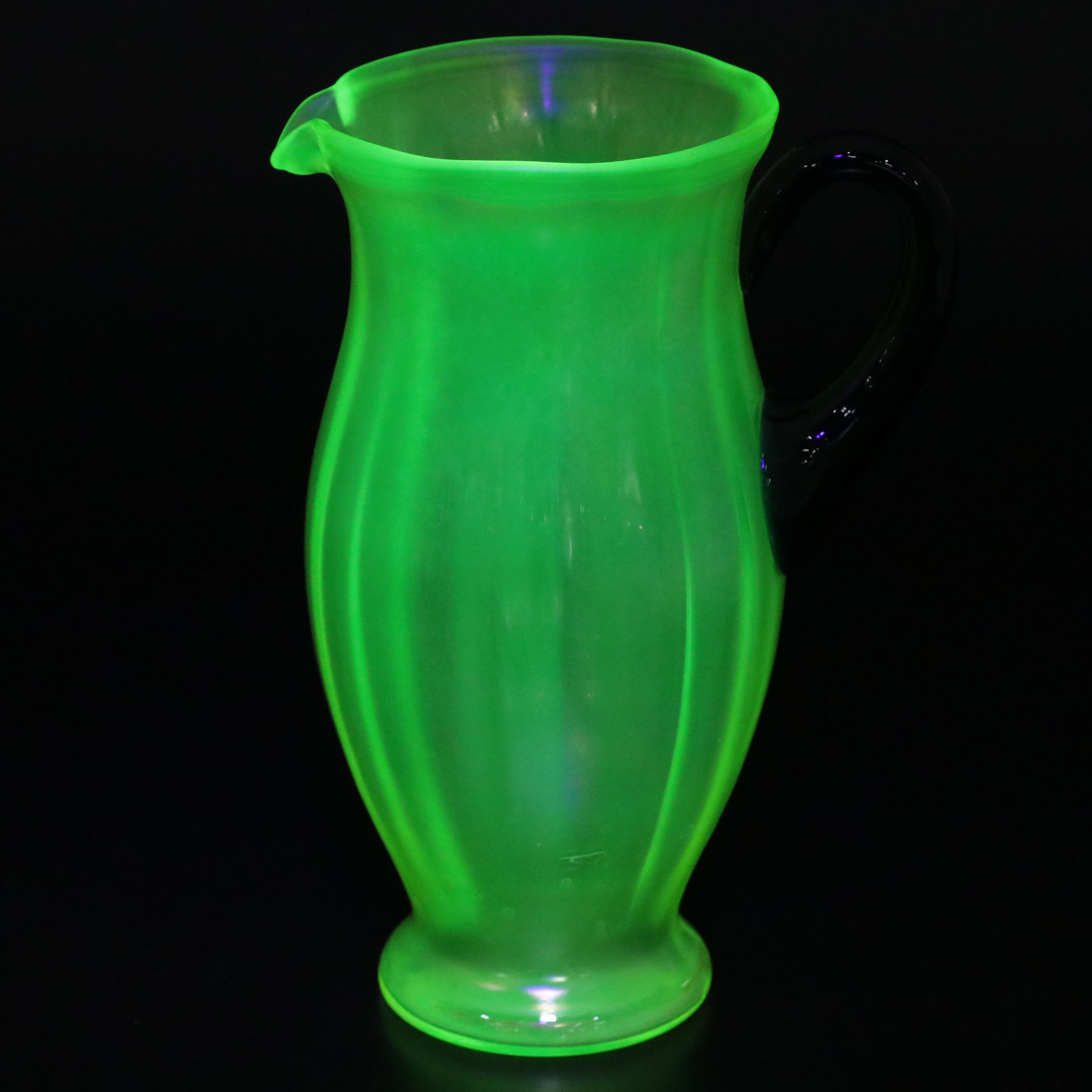 Fenton Iridescent Green Vaseline Pitcher and Tumblers with Cobalt Handles