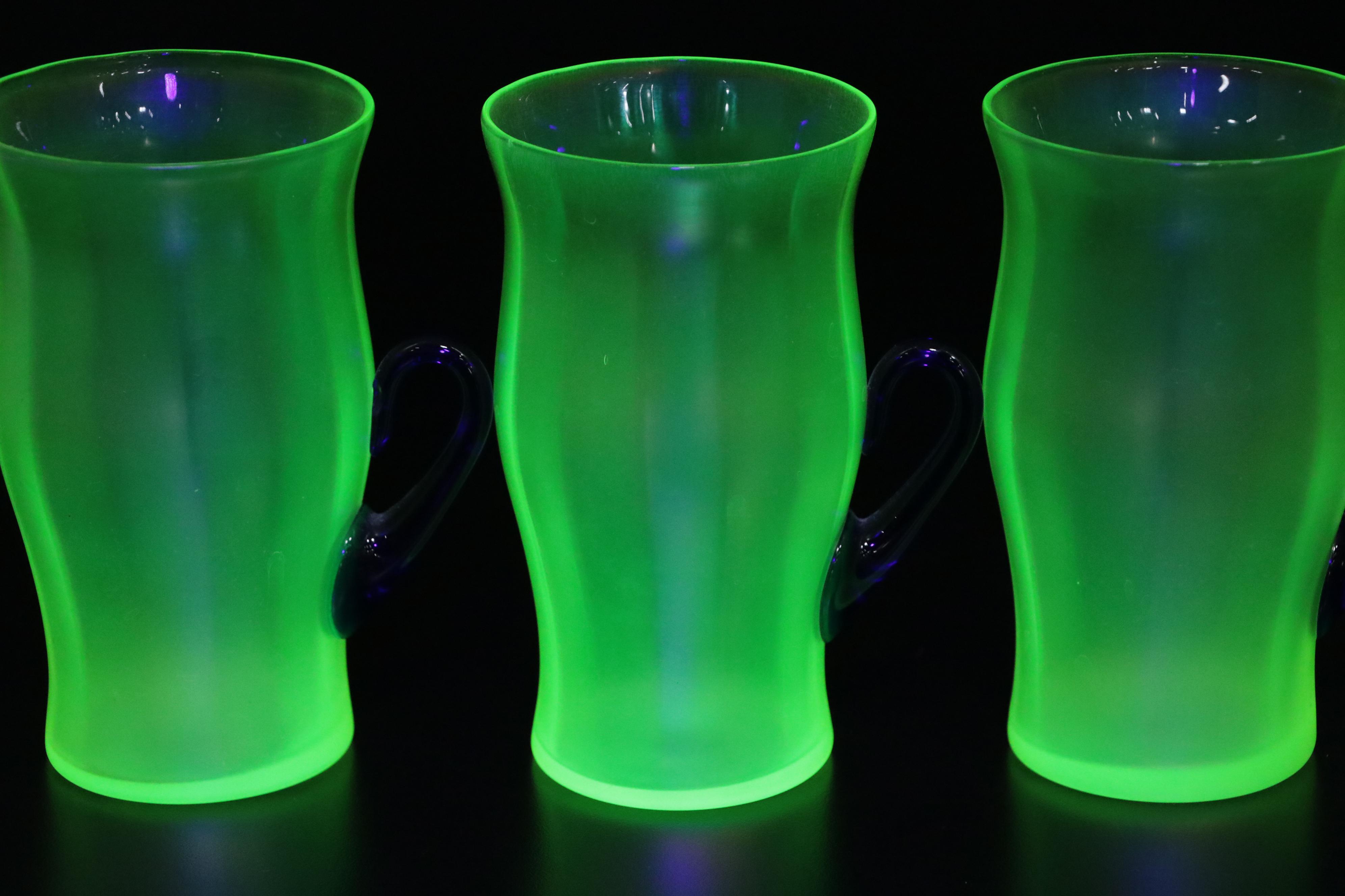 Fenton Iridescent Green Vaseline Pitcher and Tumblers with Cobalt Handles