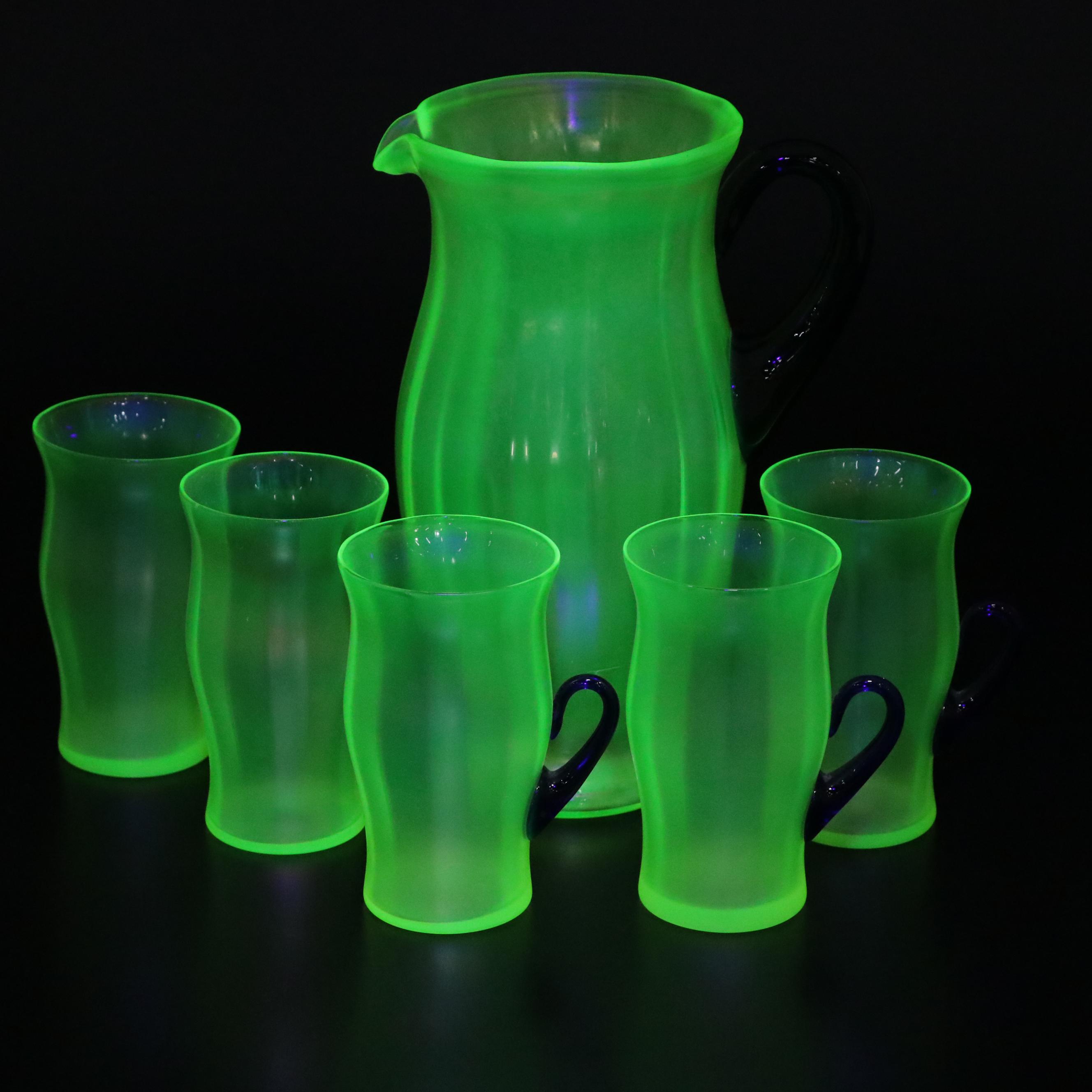 Fenton Iridescent Green Vaseline Pitcher and Tumblers with Cobalt Handles