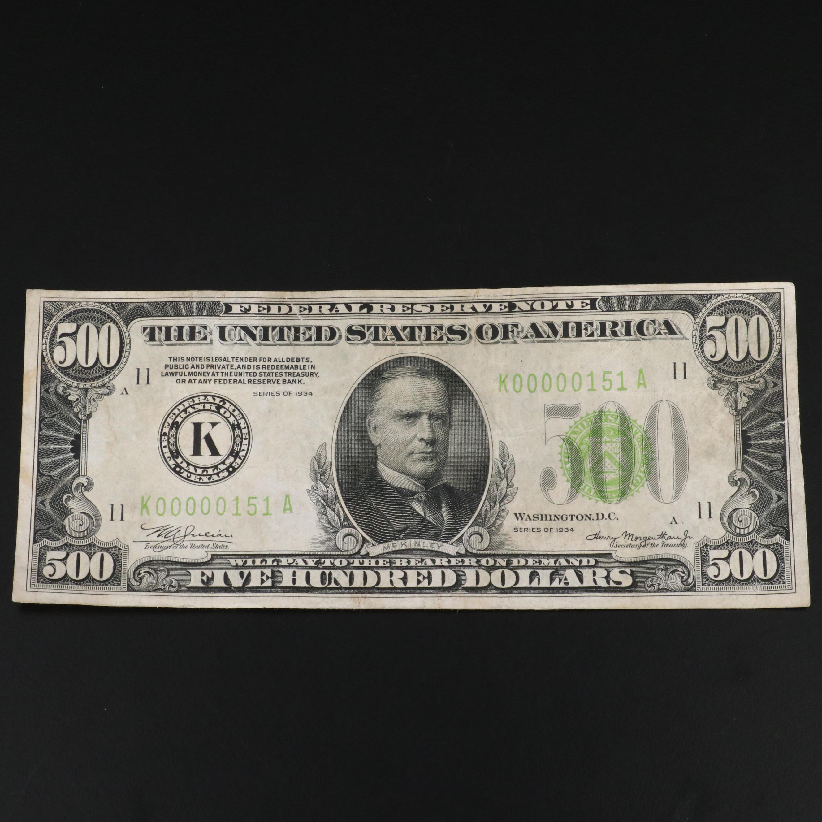 1934 $500 Federal Reserve Currency Note With a Very Low Serial Number