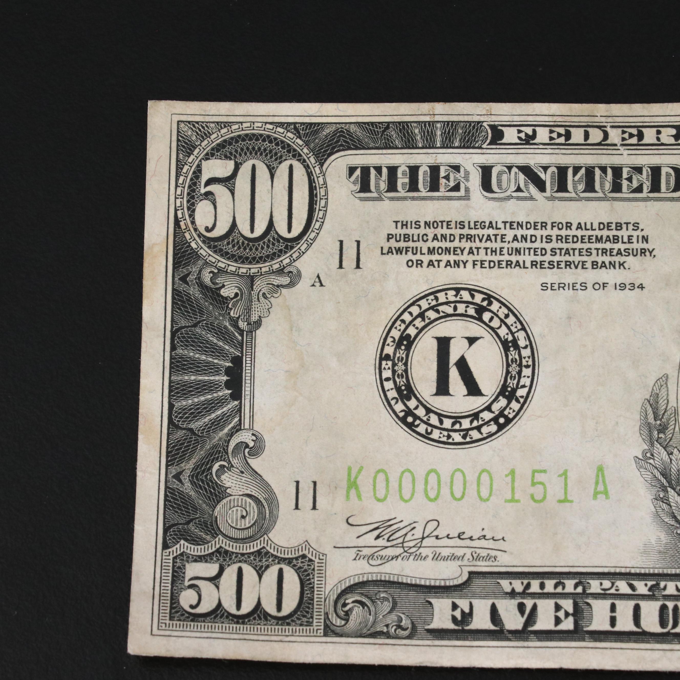 1934 $500 Federal Reserve Currency Note With a Very Low Serial Number