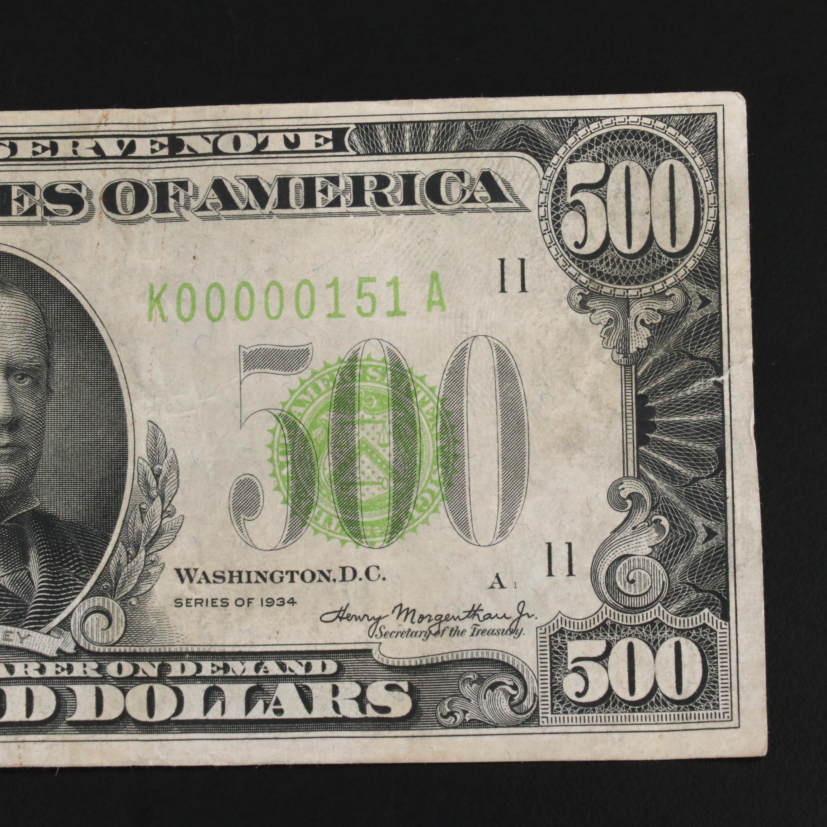1934 $500 Federal Reserve Currency Note With a Very Low Serial Number