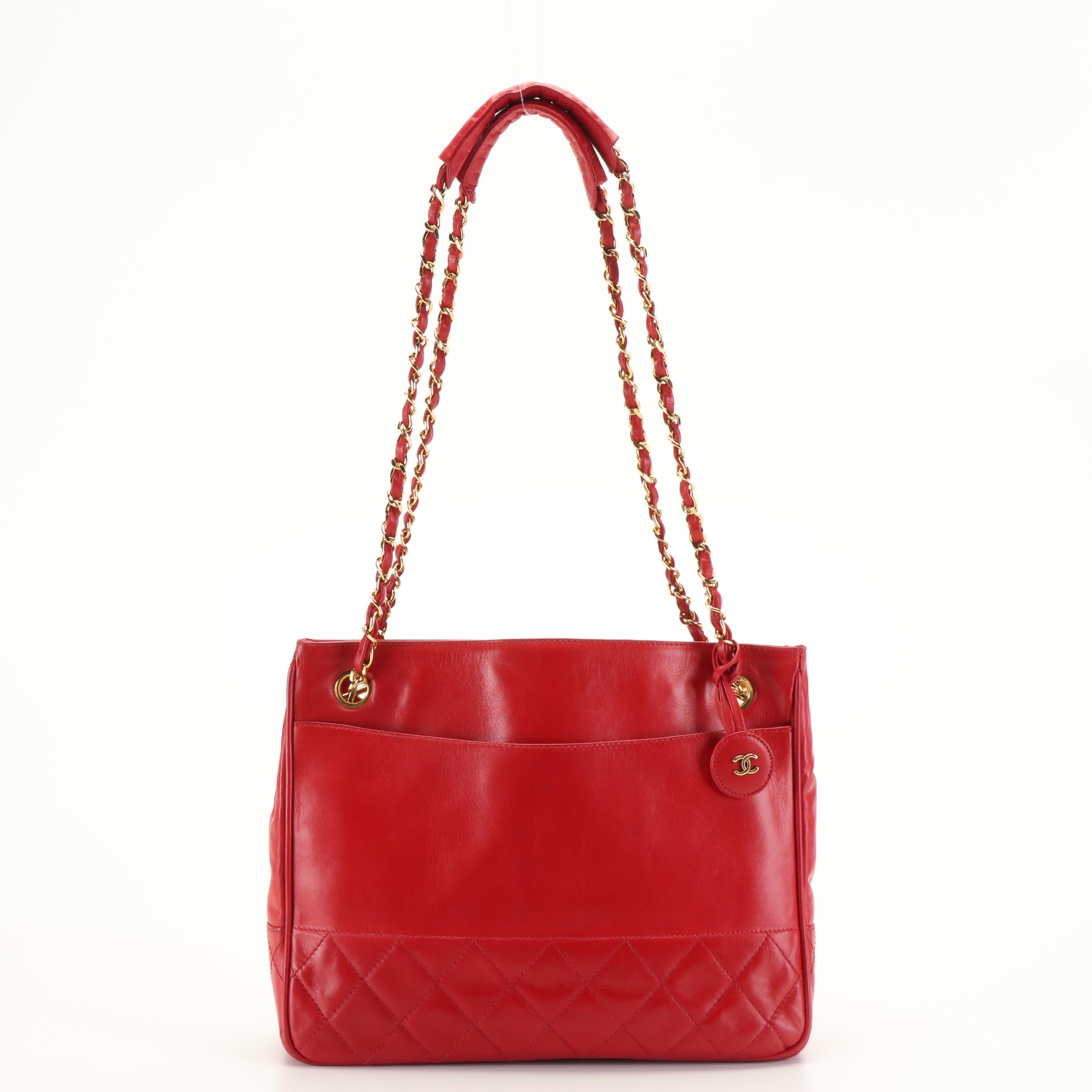 Chanel Chain Strap Tote Bag in Red Lambskin Leather