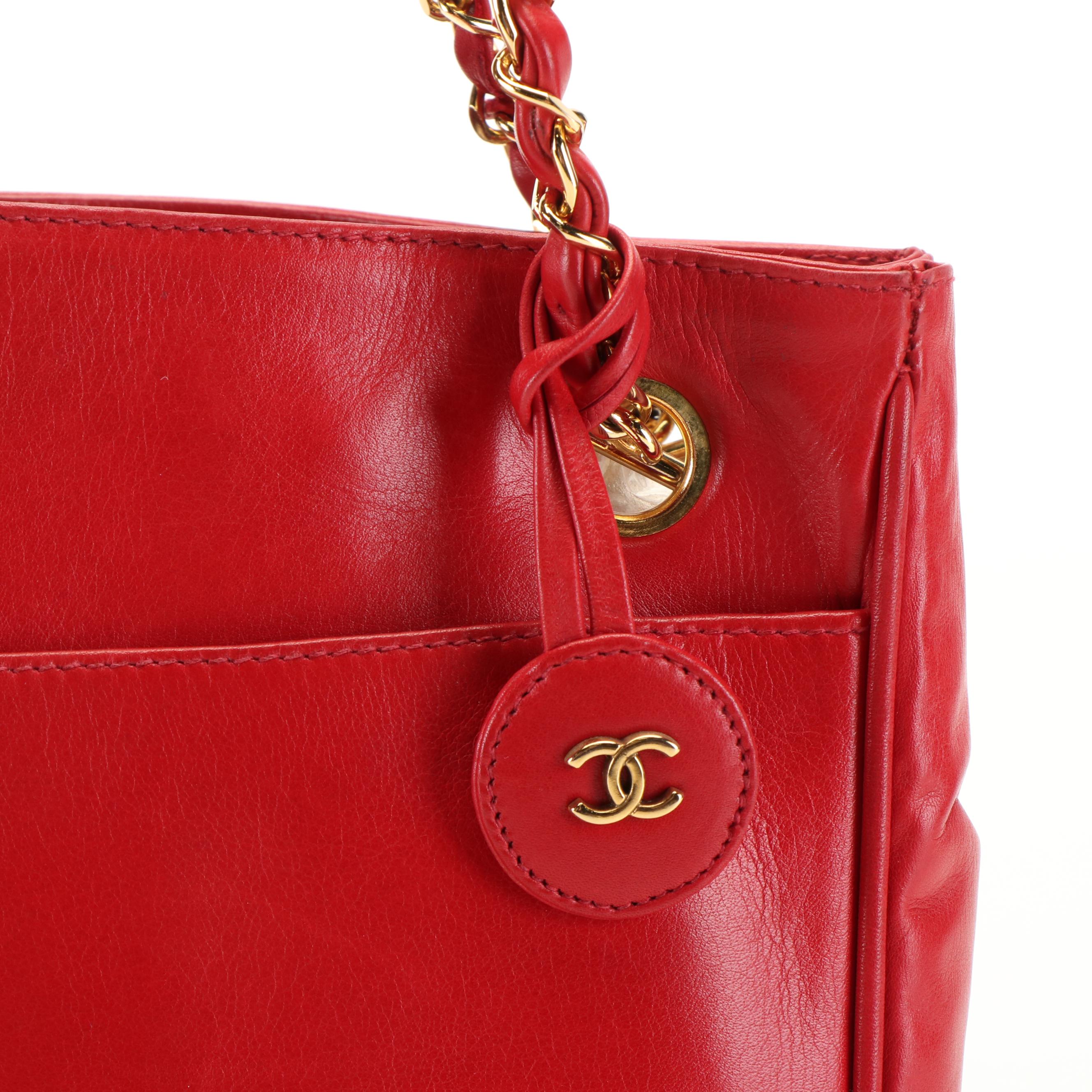 Chanel Chain Strap Tote Bag in Red Lambskin Leather